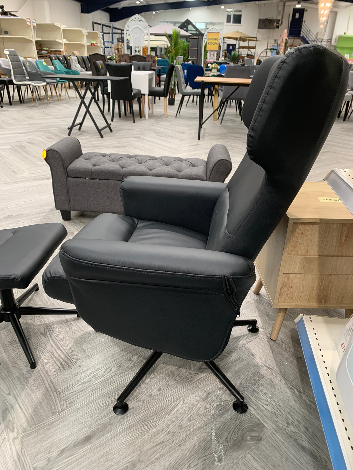 Black Faux Leather Swivel Armchair with Footstool