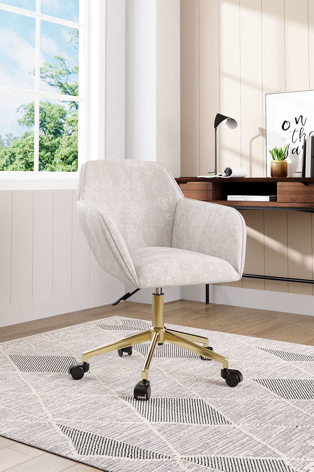 Velvet Upholstered Home Office Swivel Task Chair with Flared Arms White