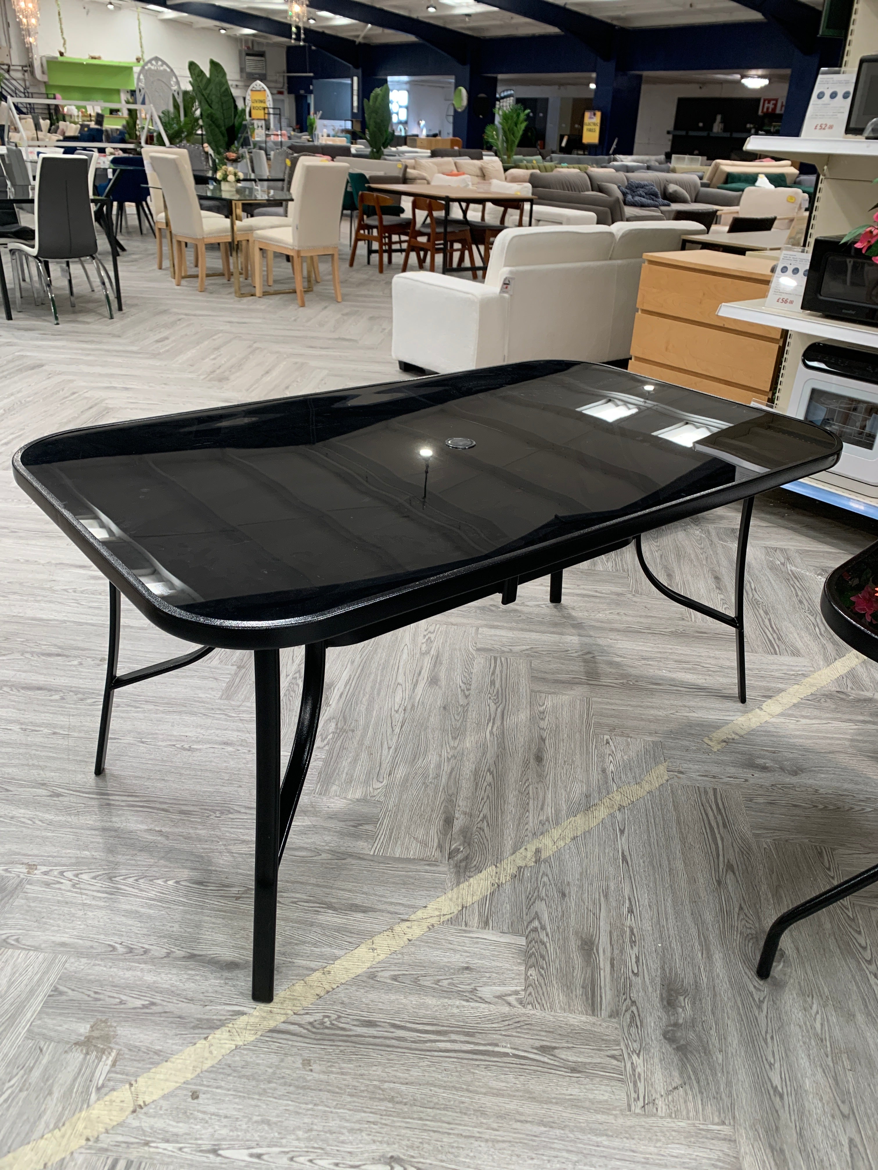 Black Metallic and Tempered Glass Garden Table with Parasol Hole Outdoor