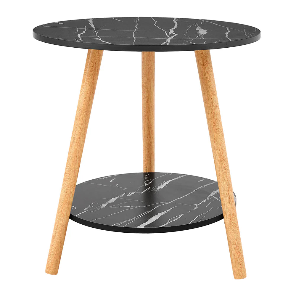 2 Tier Round Wooden Side Table with Black Marble Effect Top