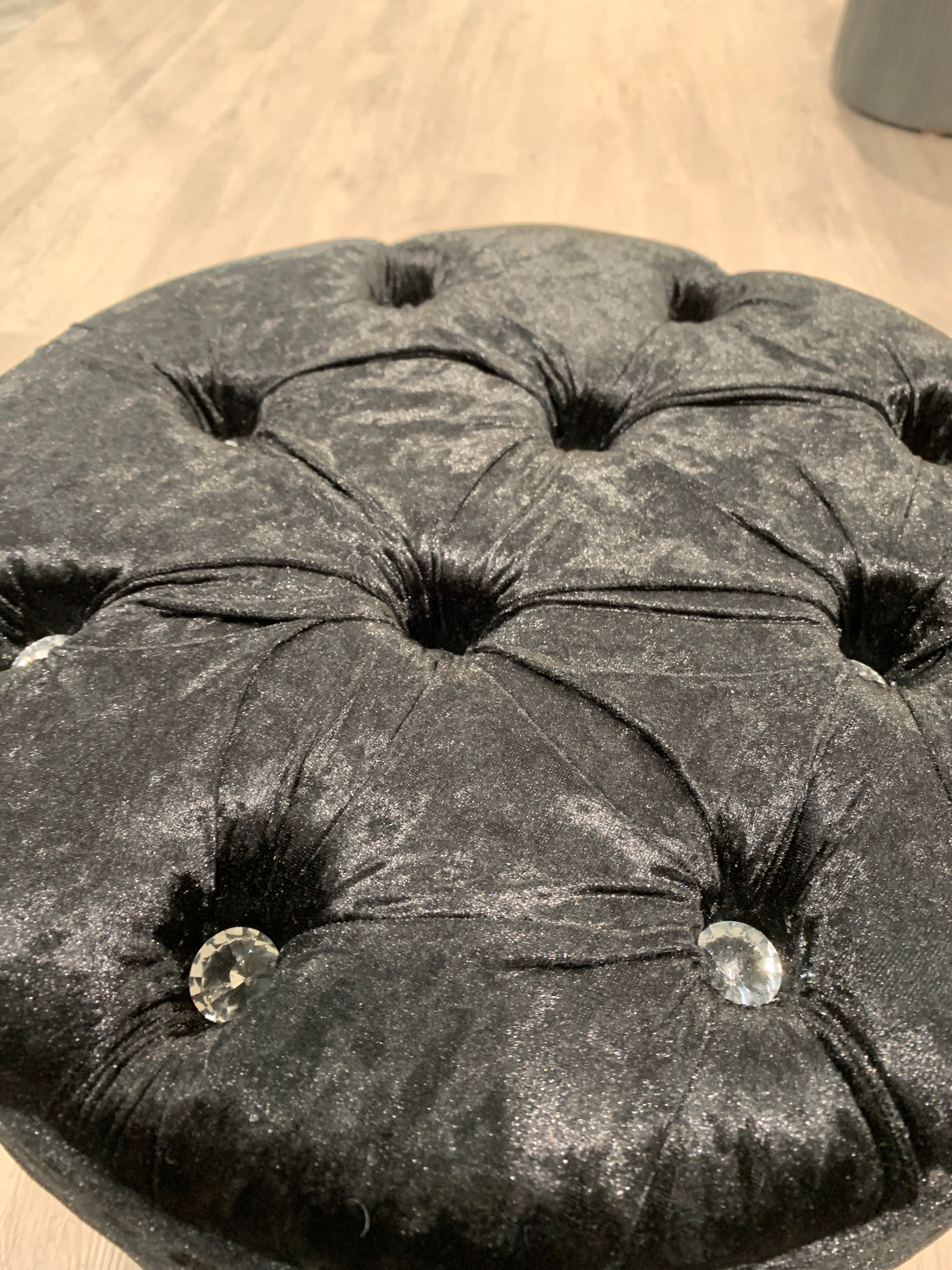 Black Round Velvet Diamond Buttoned Footstool Ottoman