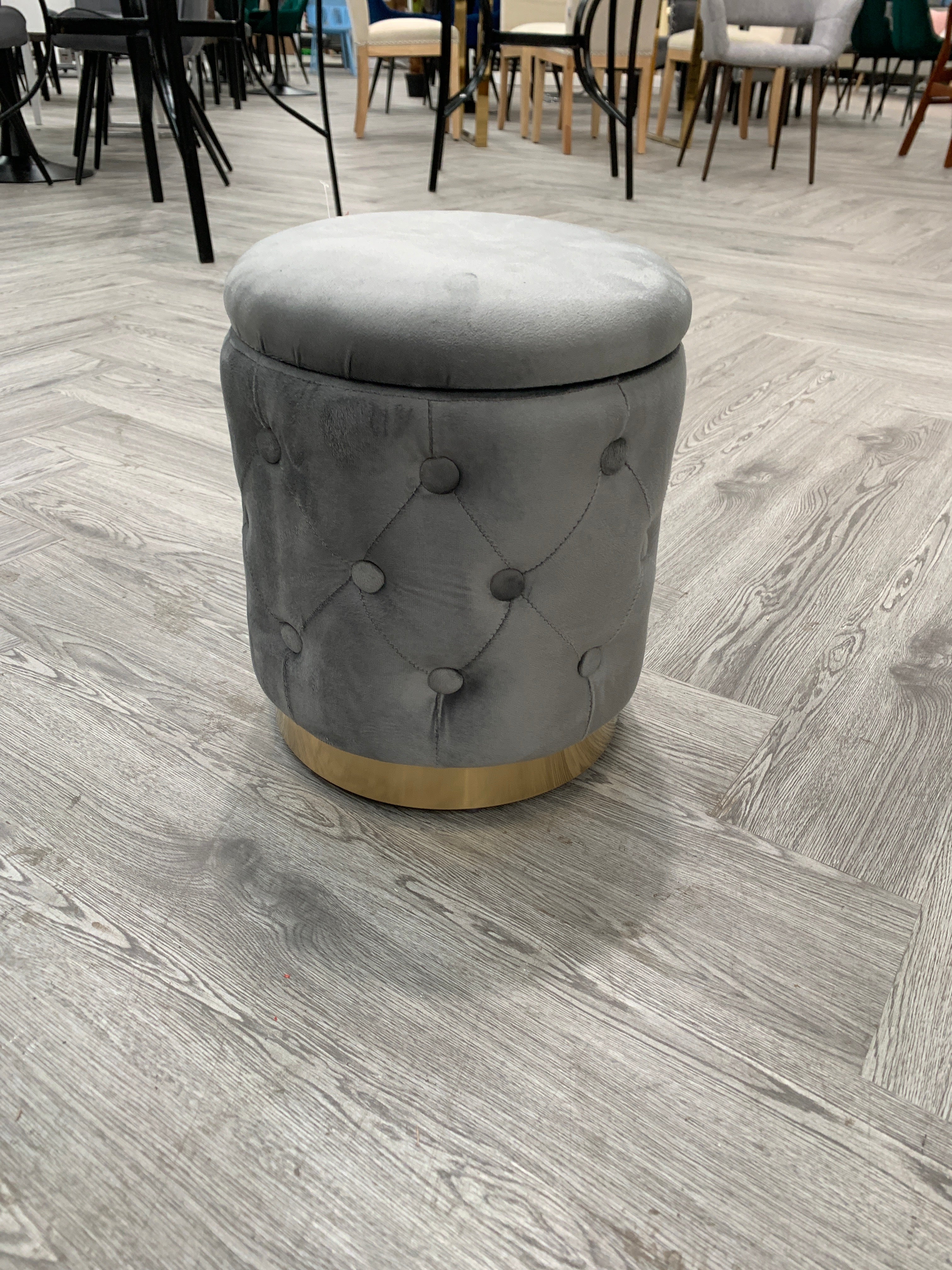 Round Button Tufted Storage Ottoman with Metal Base