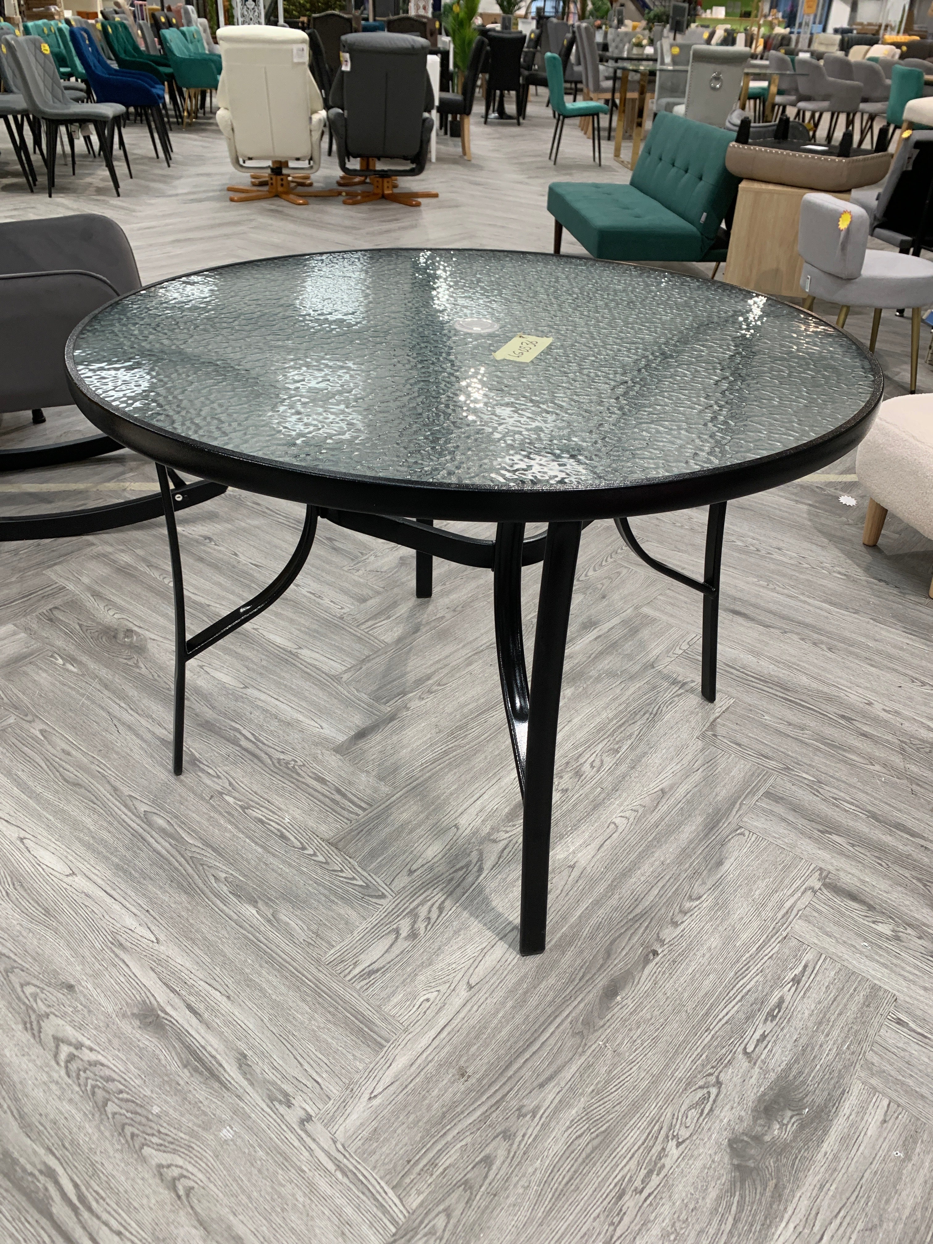 Black Round Tempered Glass Outdoor Coffee Table with Parasol Hole Dia 105cm