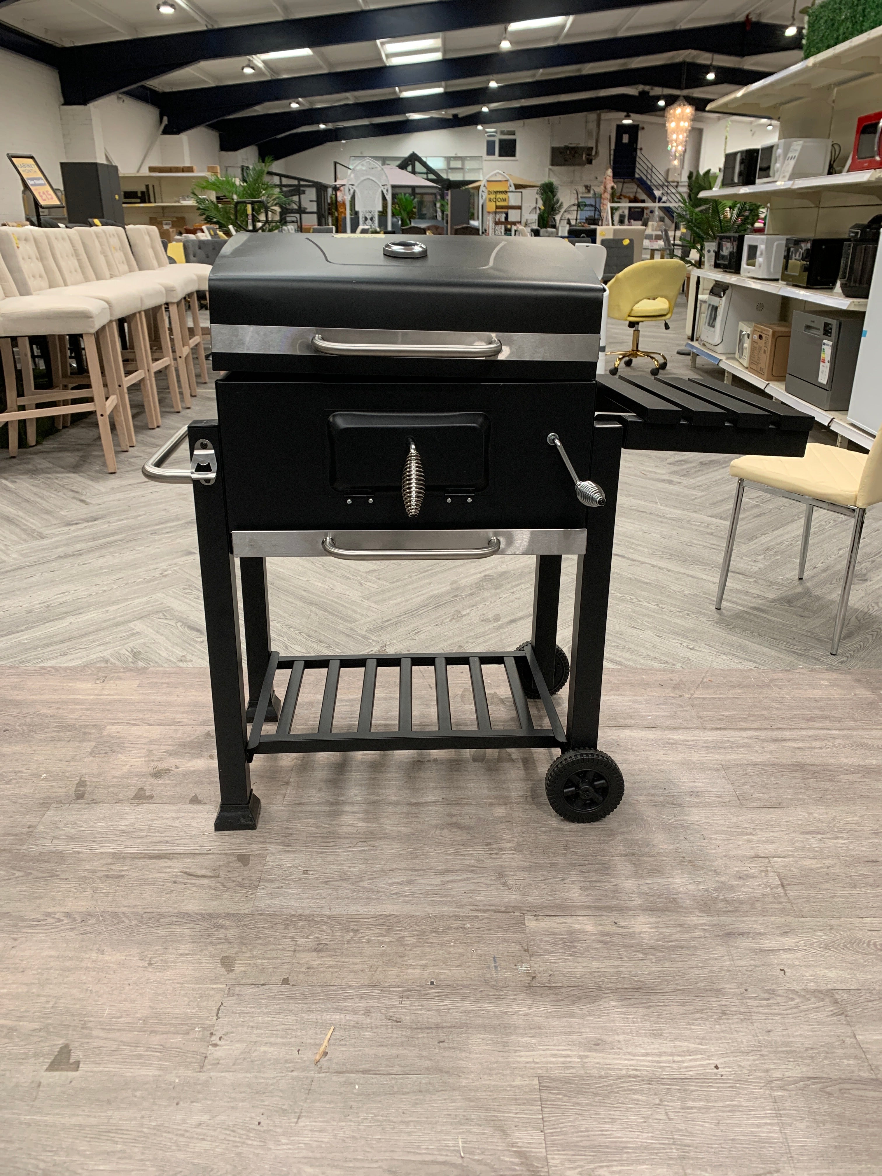 Black Steel Charcoal BBQ Grill with Wheels and Side Shelves