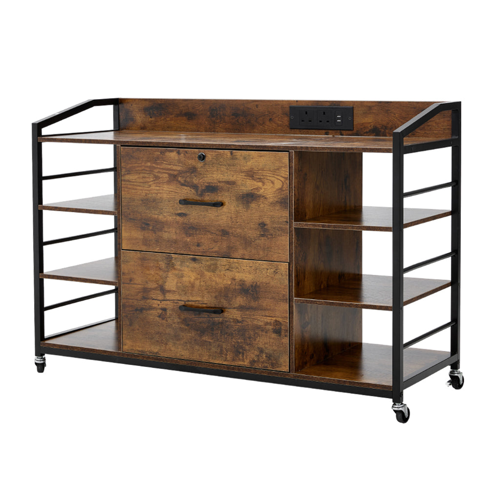New Industrial Wheeled Drawer Cabinet with Charging Stations Rustic Brown