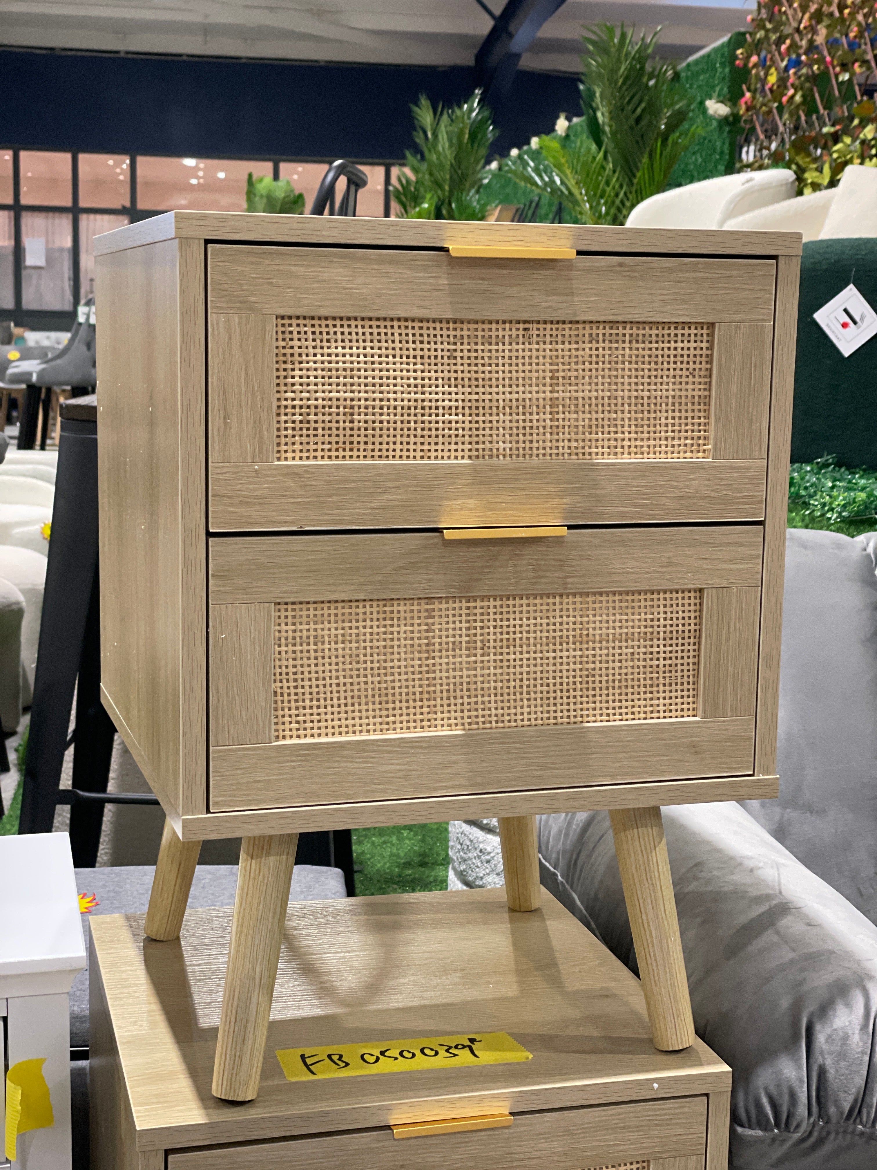 Wood and Rattan Chest of 2 Drawer Bedside Table Cabinet Nightstand