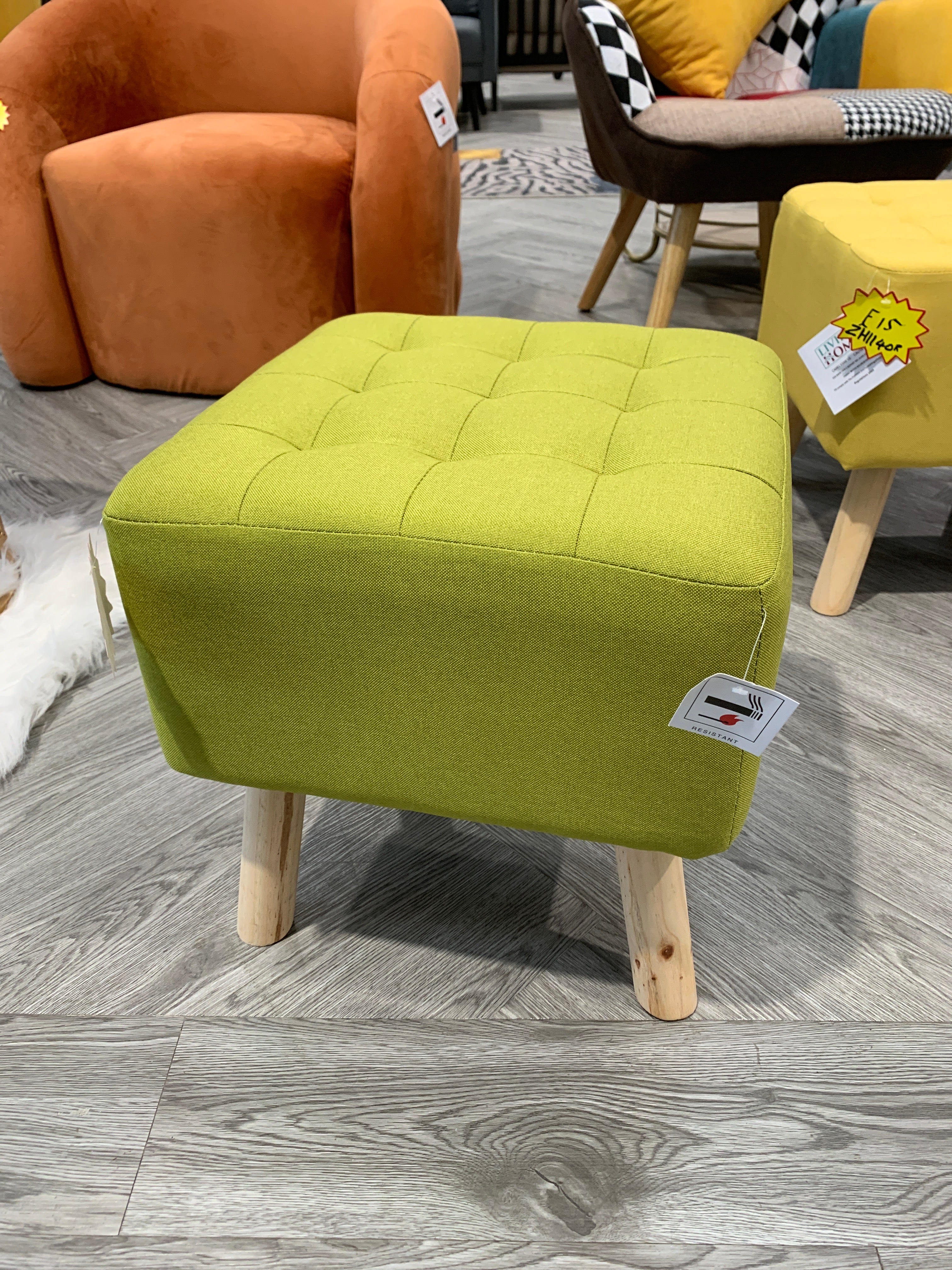 Linen Fabric Padded Wooden Leg Footstool Green