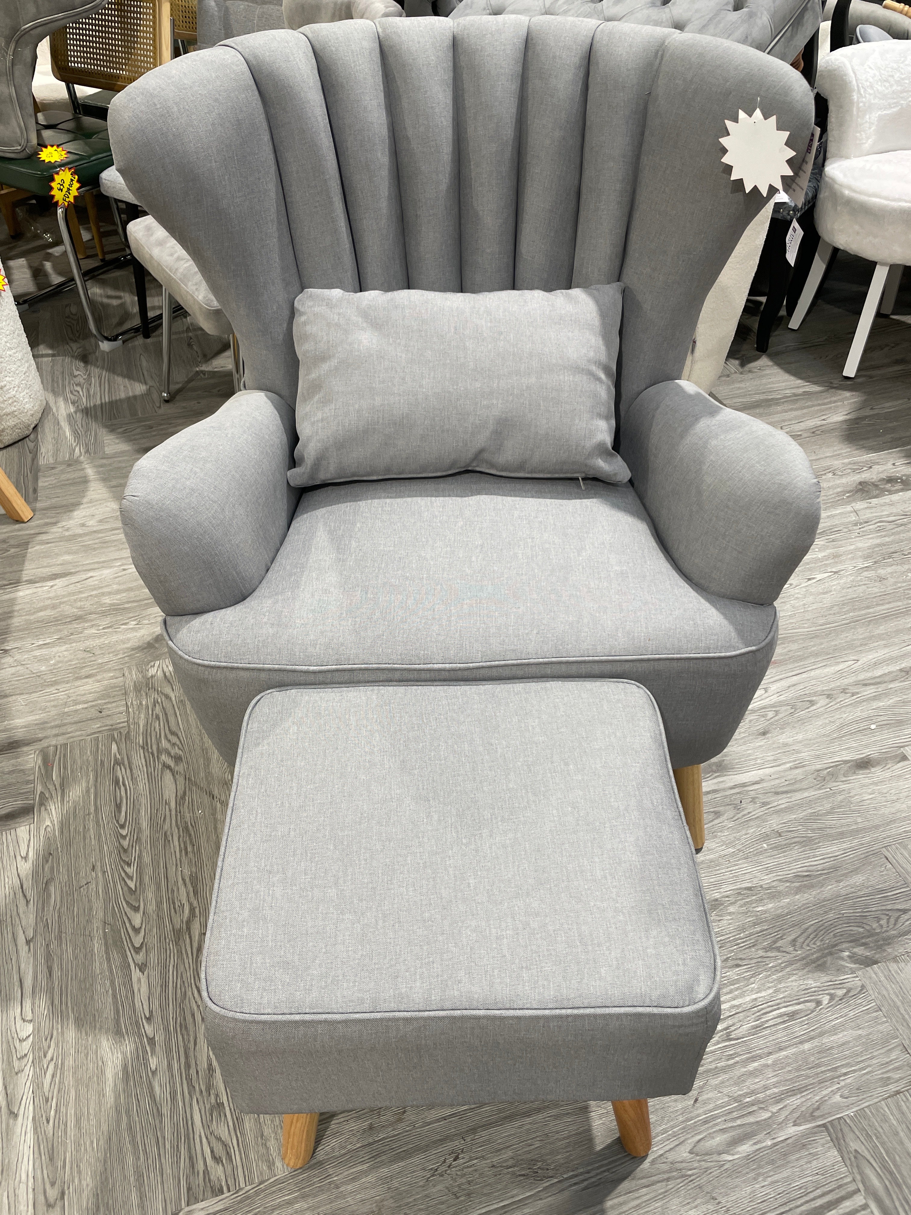 Wing Back Armchair with Footstool and Cushion Grey