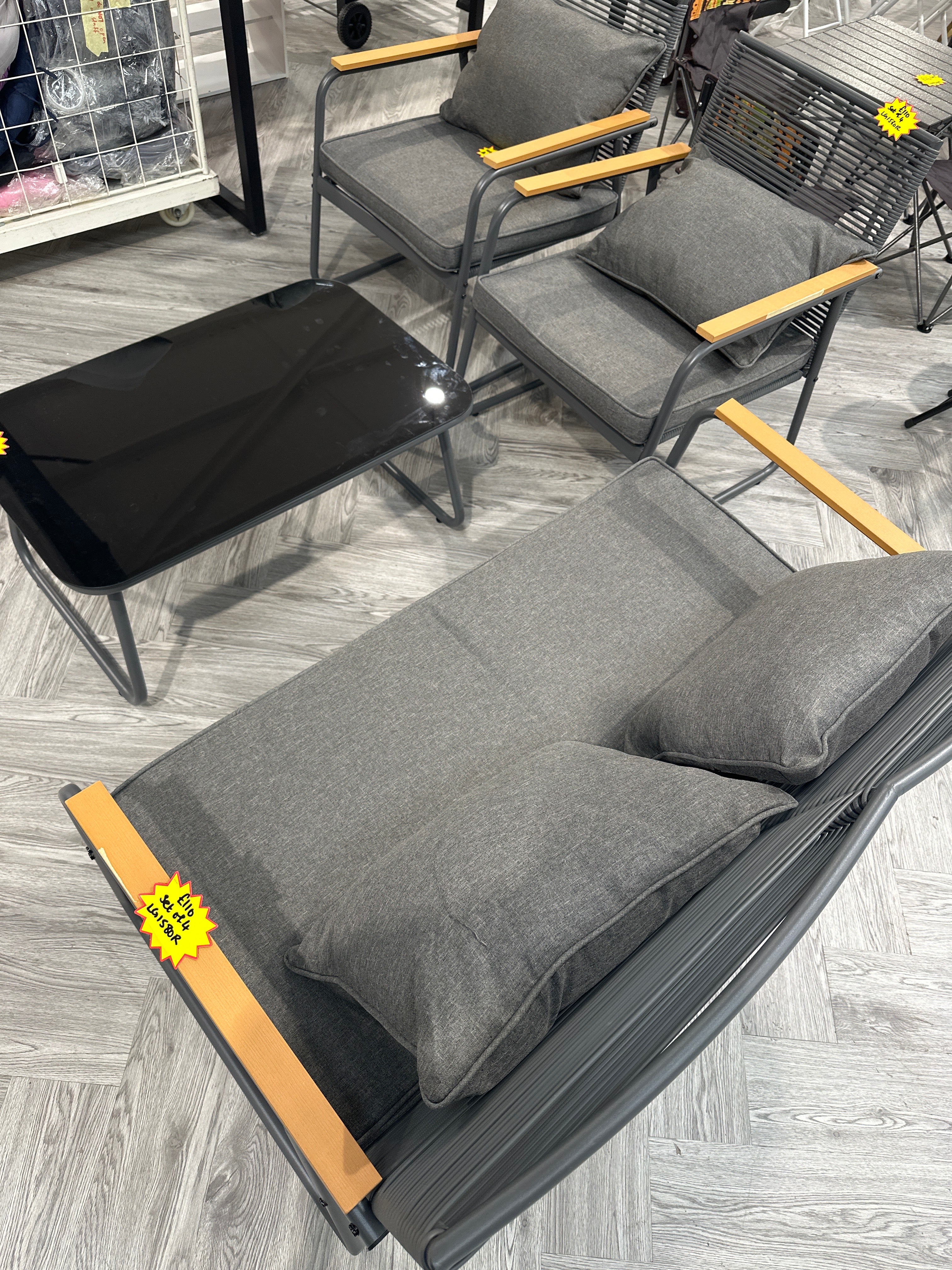 Set of 4 Grey Cushioned Black Steel Rope Outdoor Sofa Set with Coffee Table