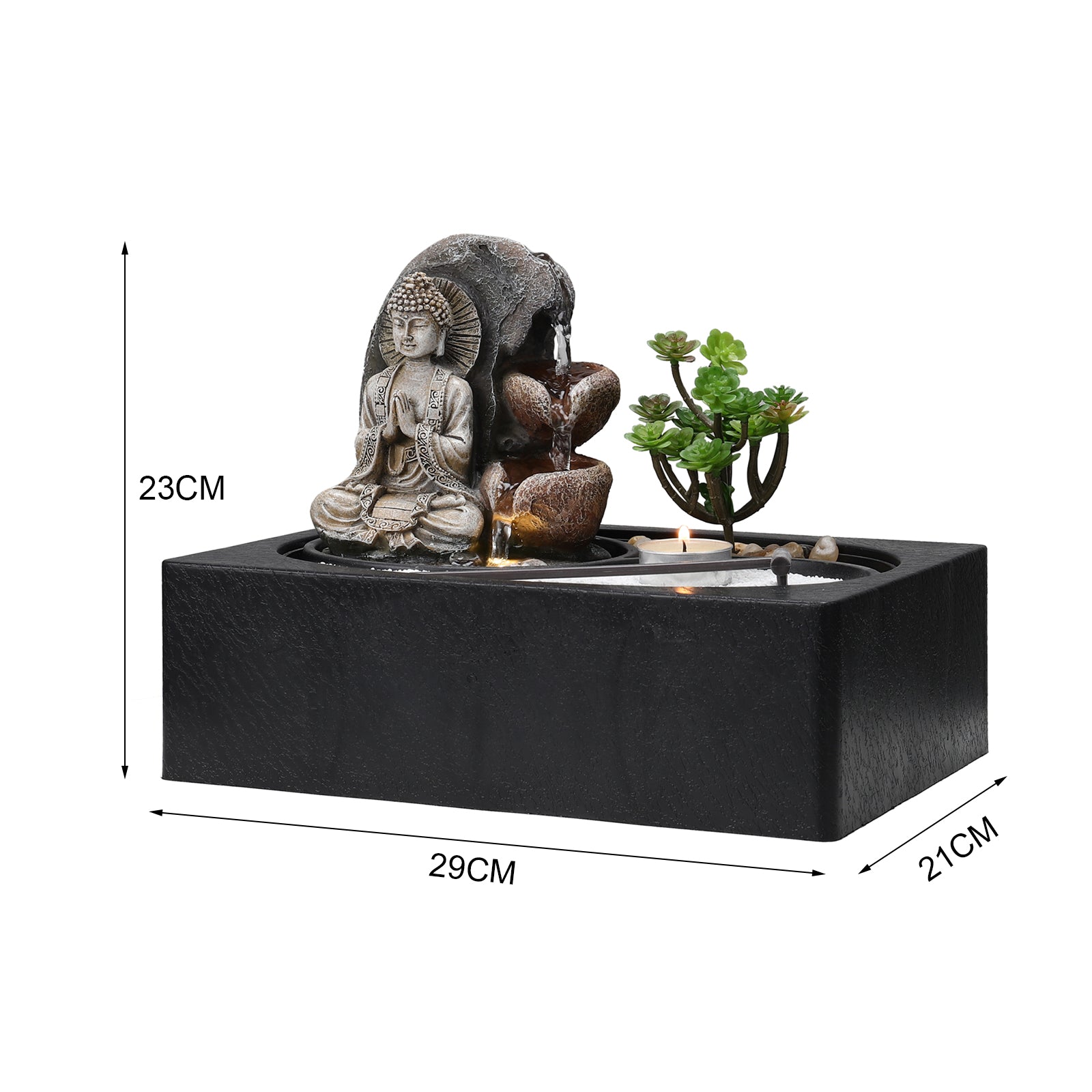 New Buddha Zen Tabletop Fountain with LED Light Tealight Holder and Succulent