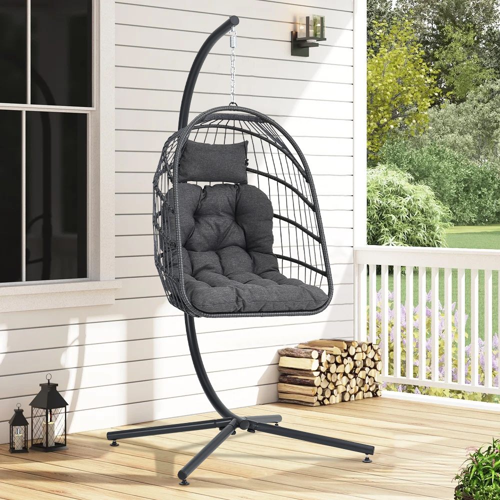 New Outdoor Garden Hanging Single Egg Chair with Dark Grey Cushion