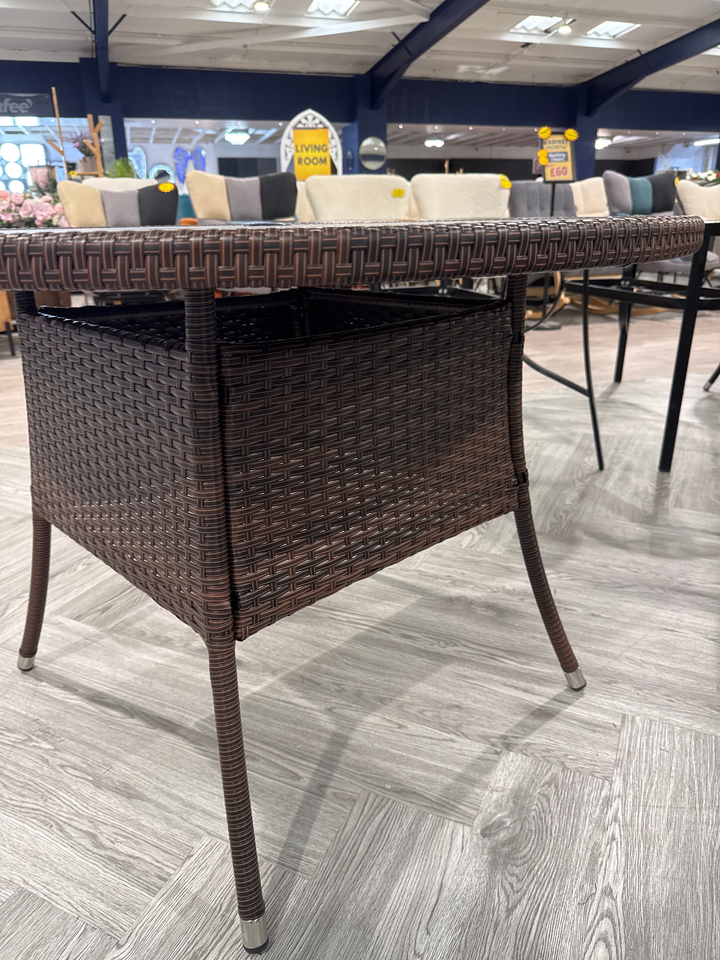 Brown Round Garden Wicker Tempered Glass Table with Parasol Hole 105cm Dia