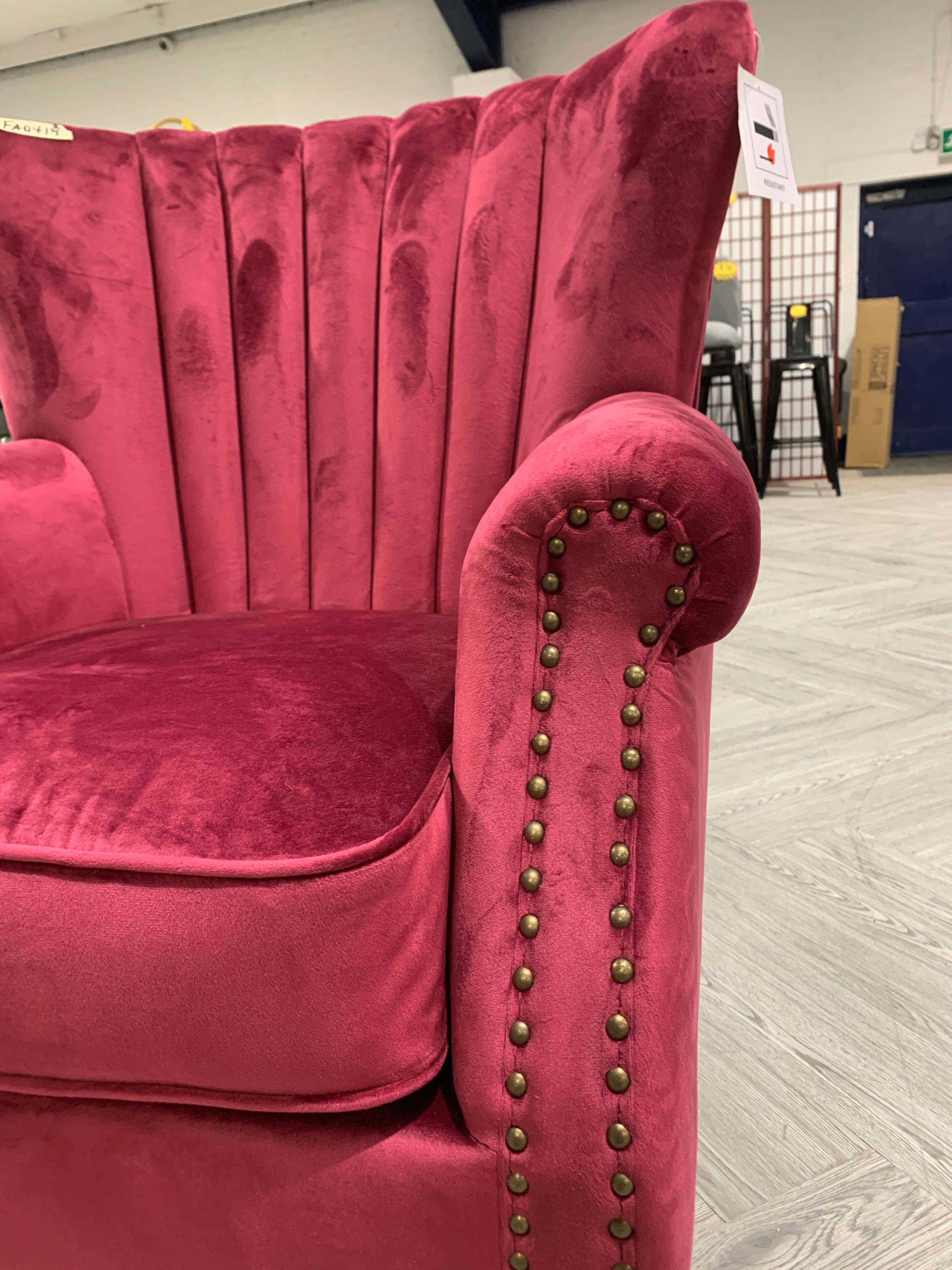 Wine Red Vintage Velvet Upholstered Wing Back Armchair with Studs