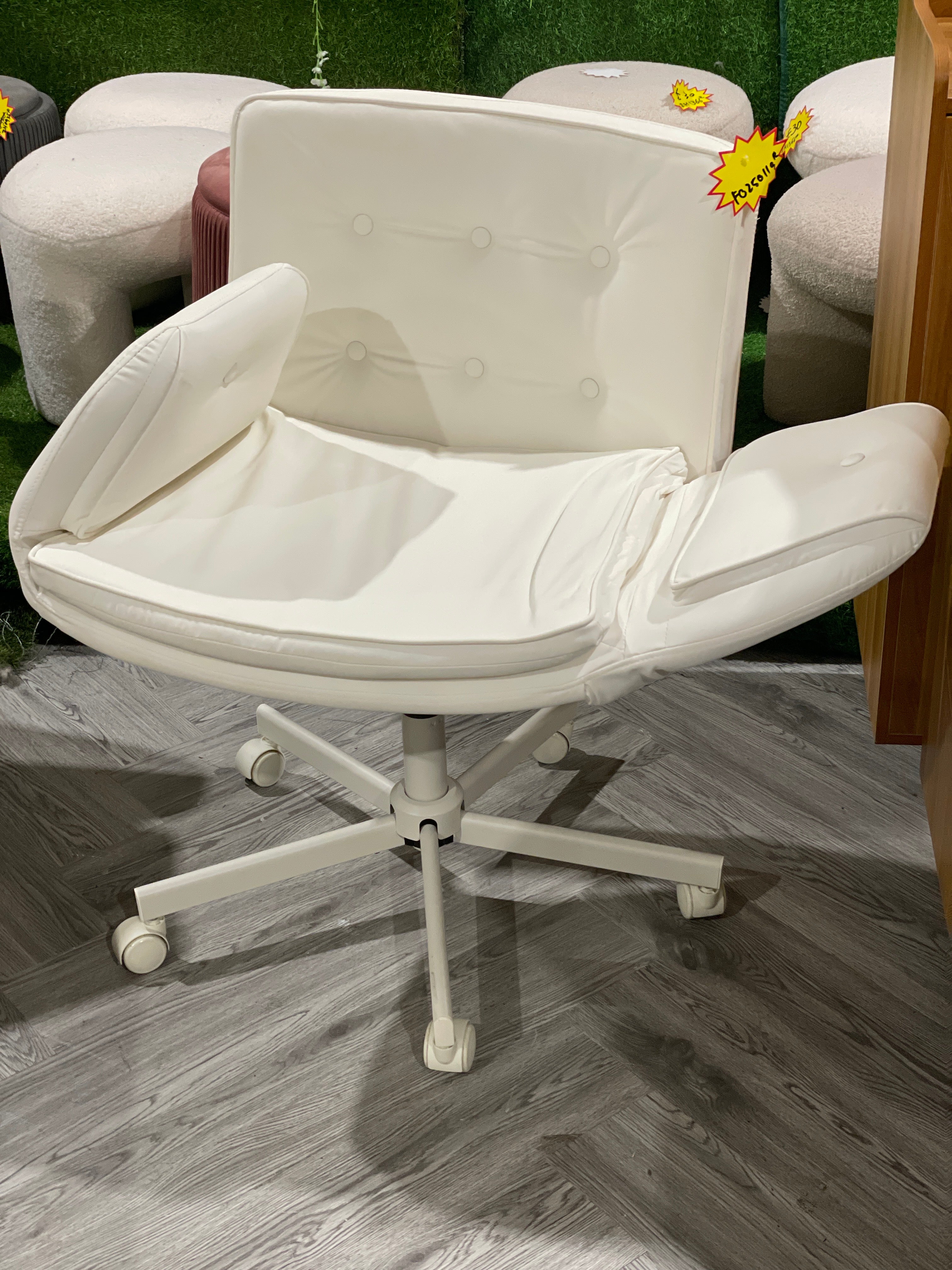 Cross Legged Button Tufted Office Chair with Armrests and Wheels Beige