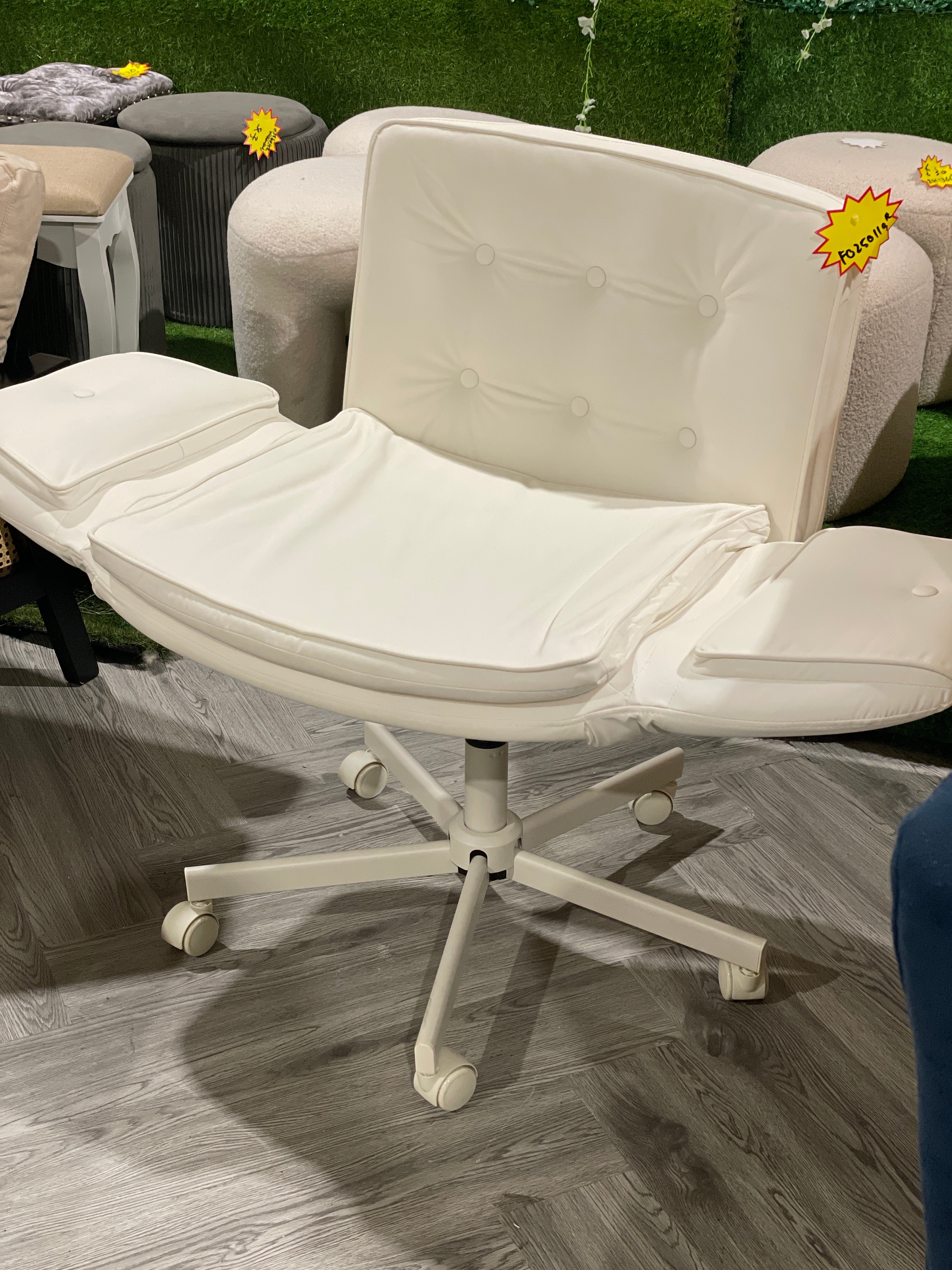 Cross Legged Button Tufted Office Chair with Armrests and Wheels Beige