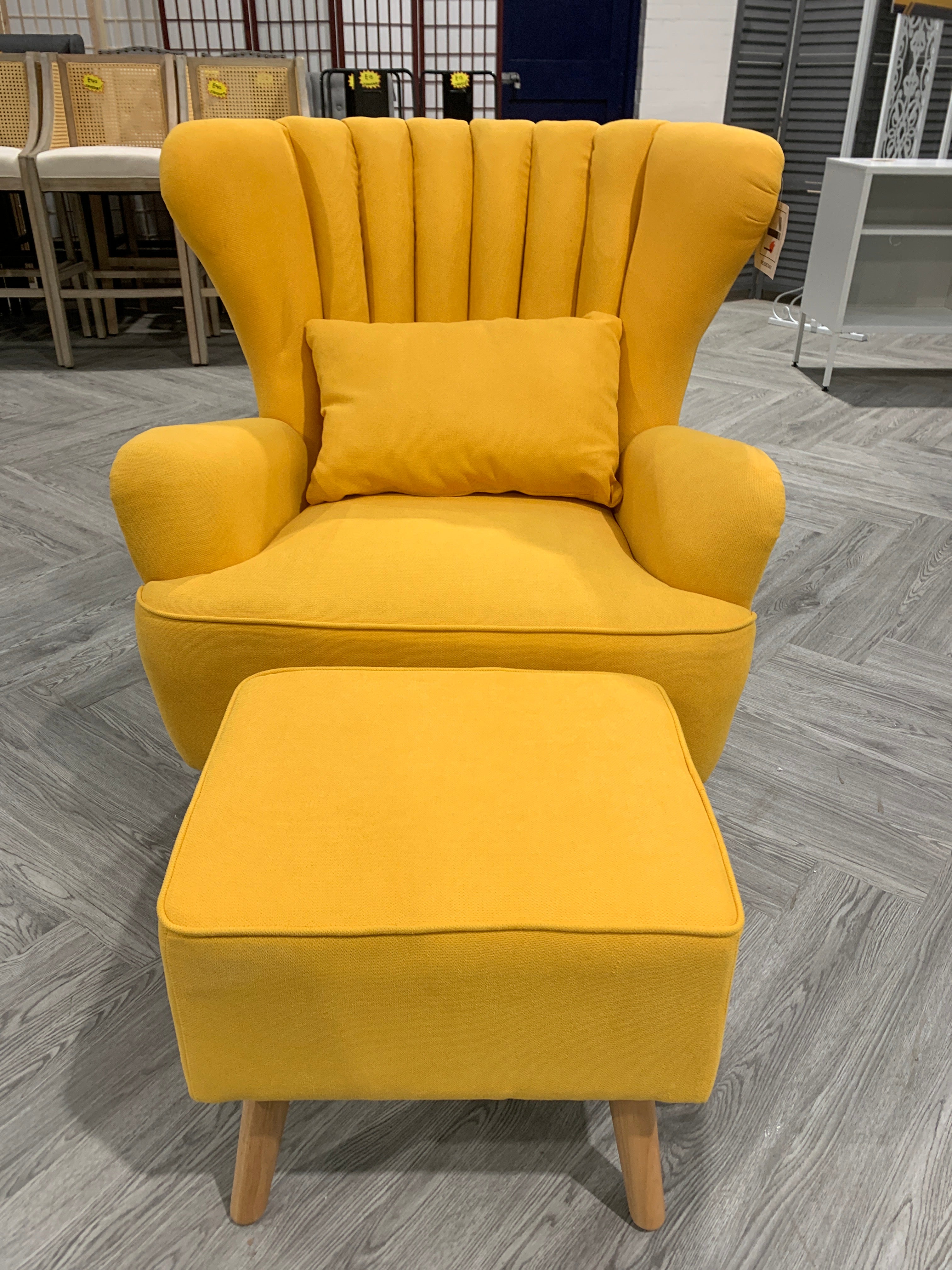 Yellow Faux Wool Armchair with a Footstool and Cushion