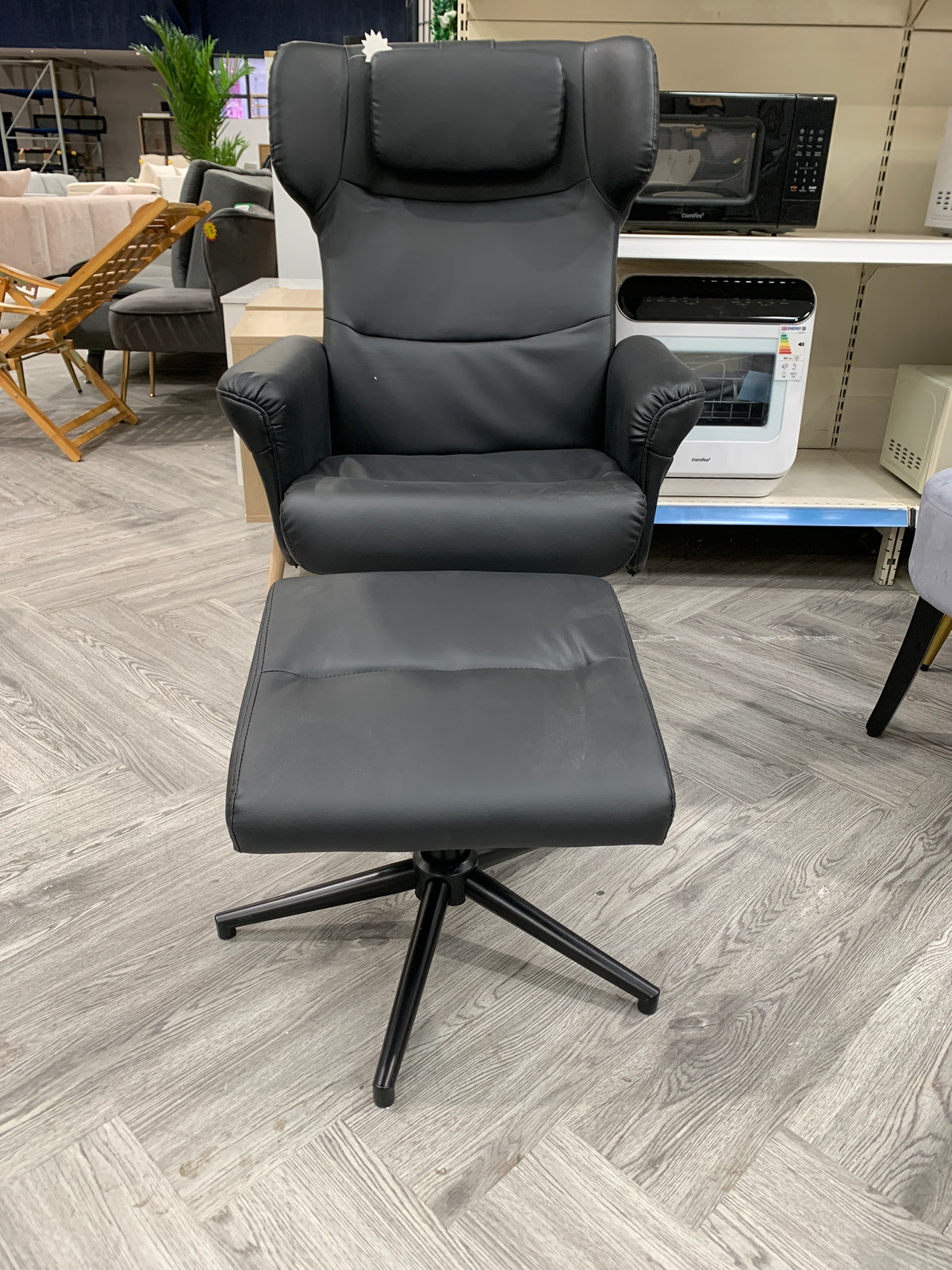Black Faux Leather Swivel Armchair with Footstool