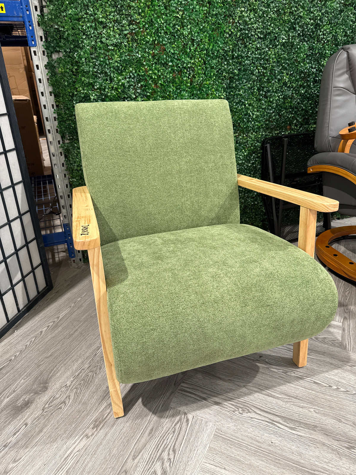 Green Modern Chenille Armchair with Wooden Armrests
