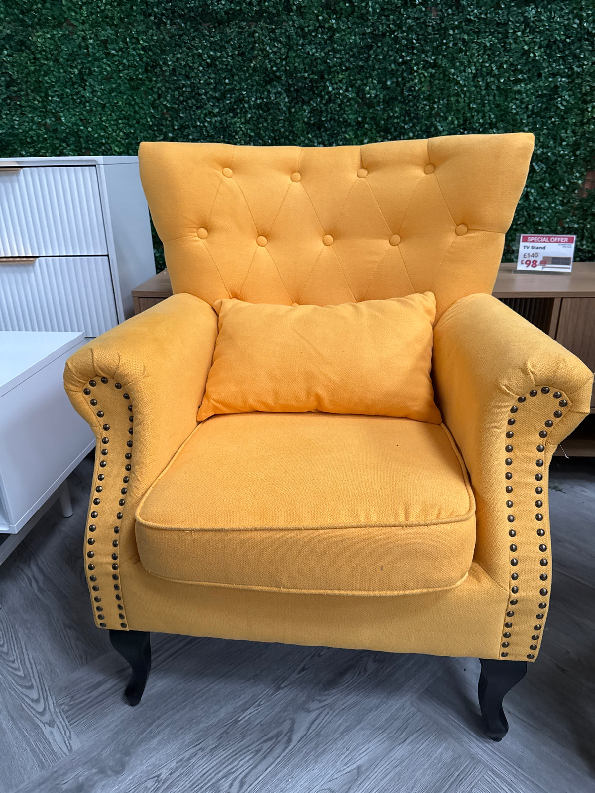 Yellow Upholstered Nail Head Modern Buttoned Linen Armchair with Lumbar Pillow and Cushion