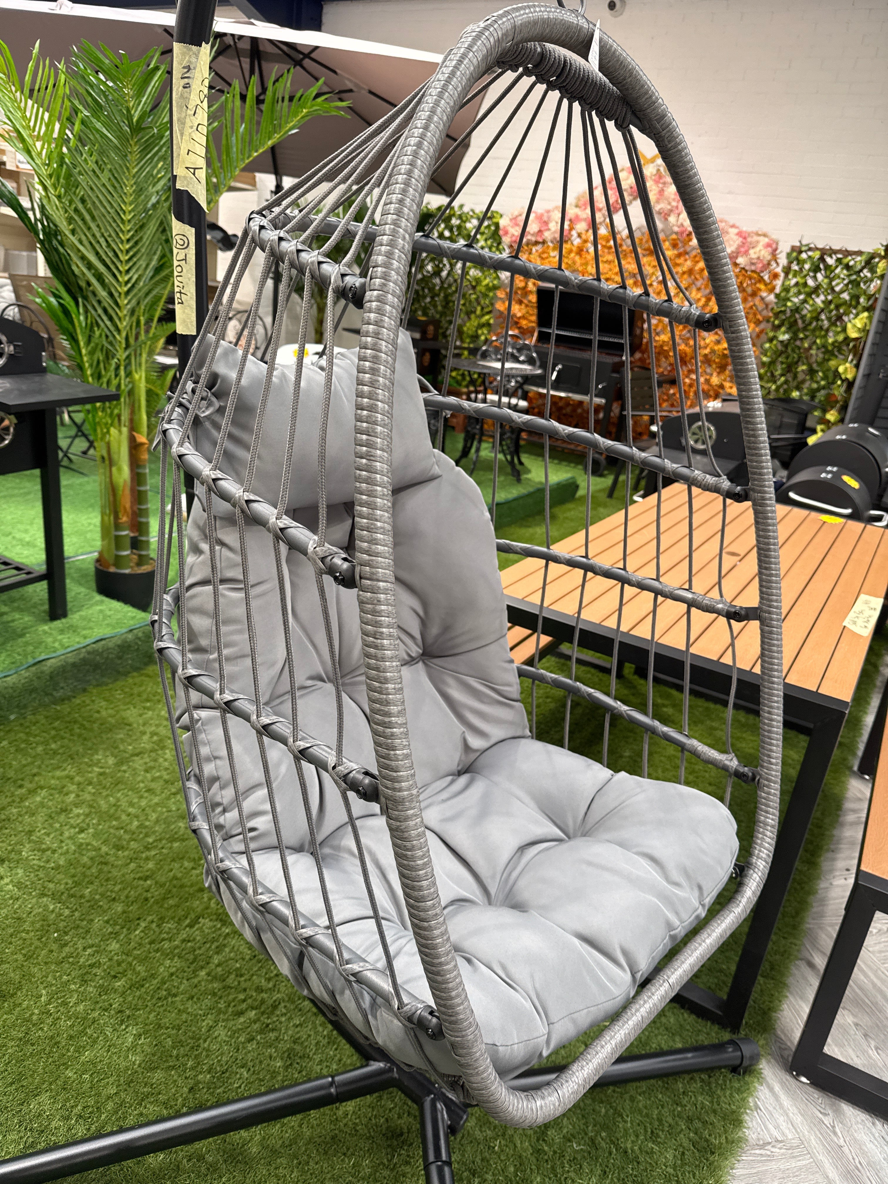 Outdoor Garden Hanging Single Egg Chair with Dark Grey Cushion