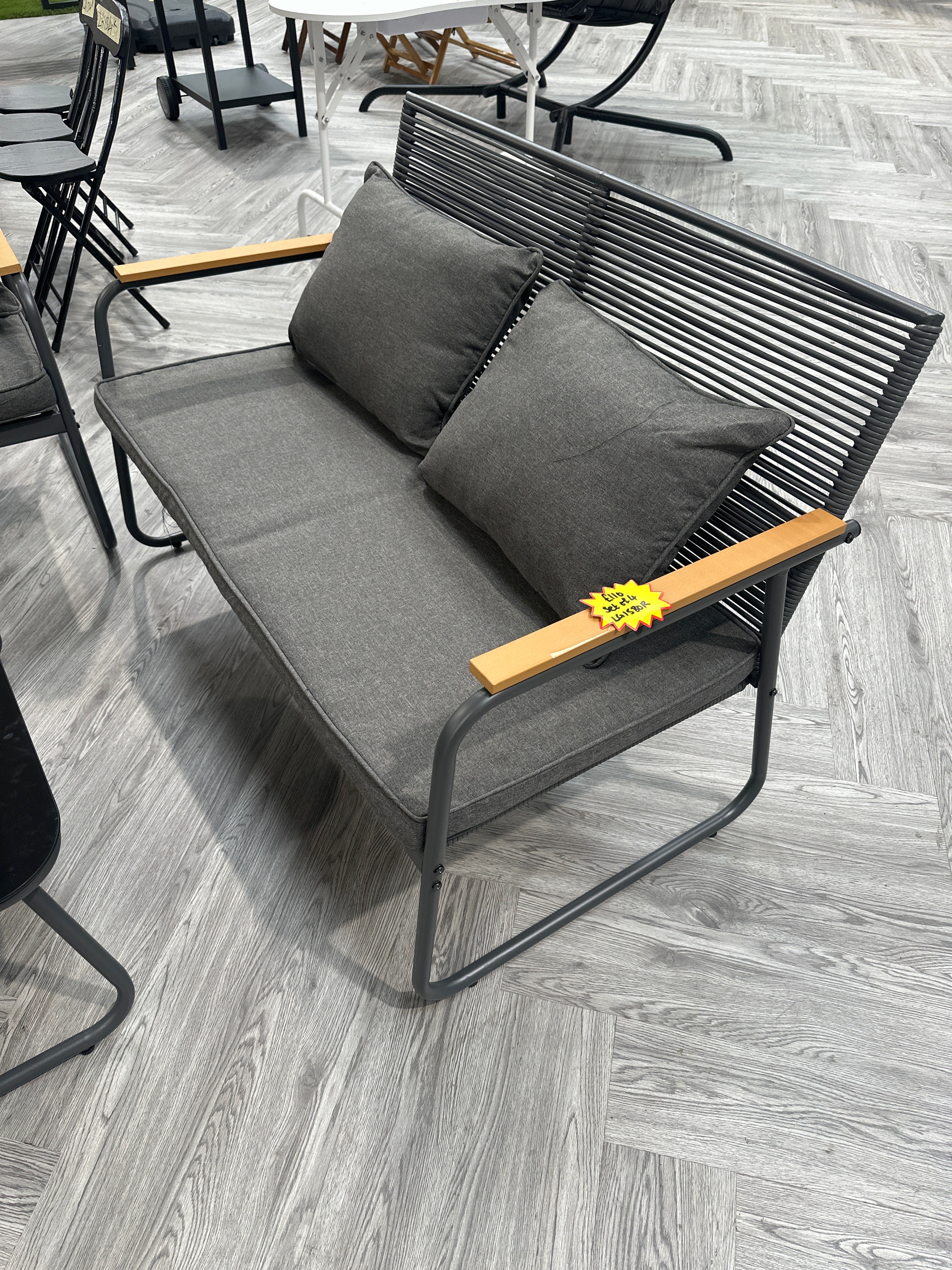Set of 4 Grey Cushioned Black Steel Rope Outdoor Sofa Set with Coffee Table