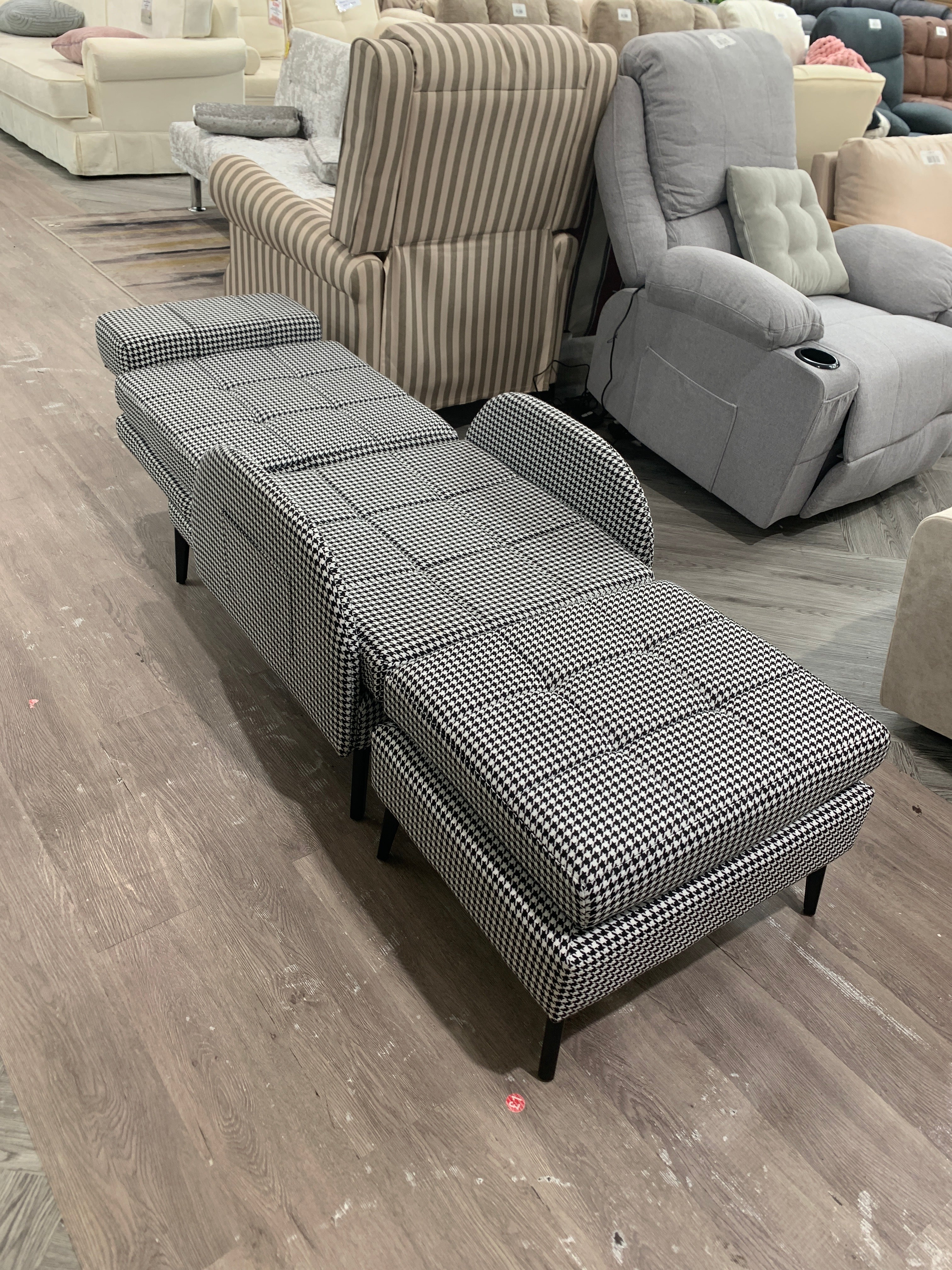 Modern Checked Recliner with Footstool Black and White