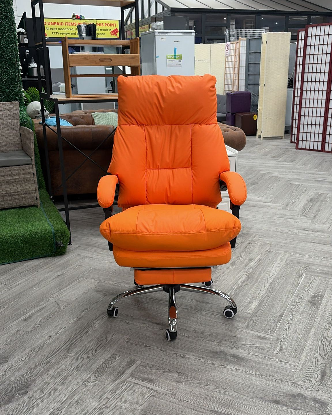Faux Leather Swivel Reclining Office Chair with Extendable Footrest and Wheels Orange