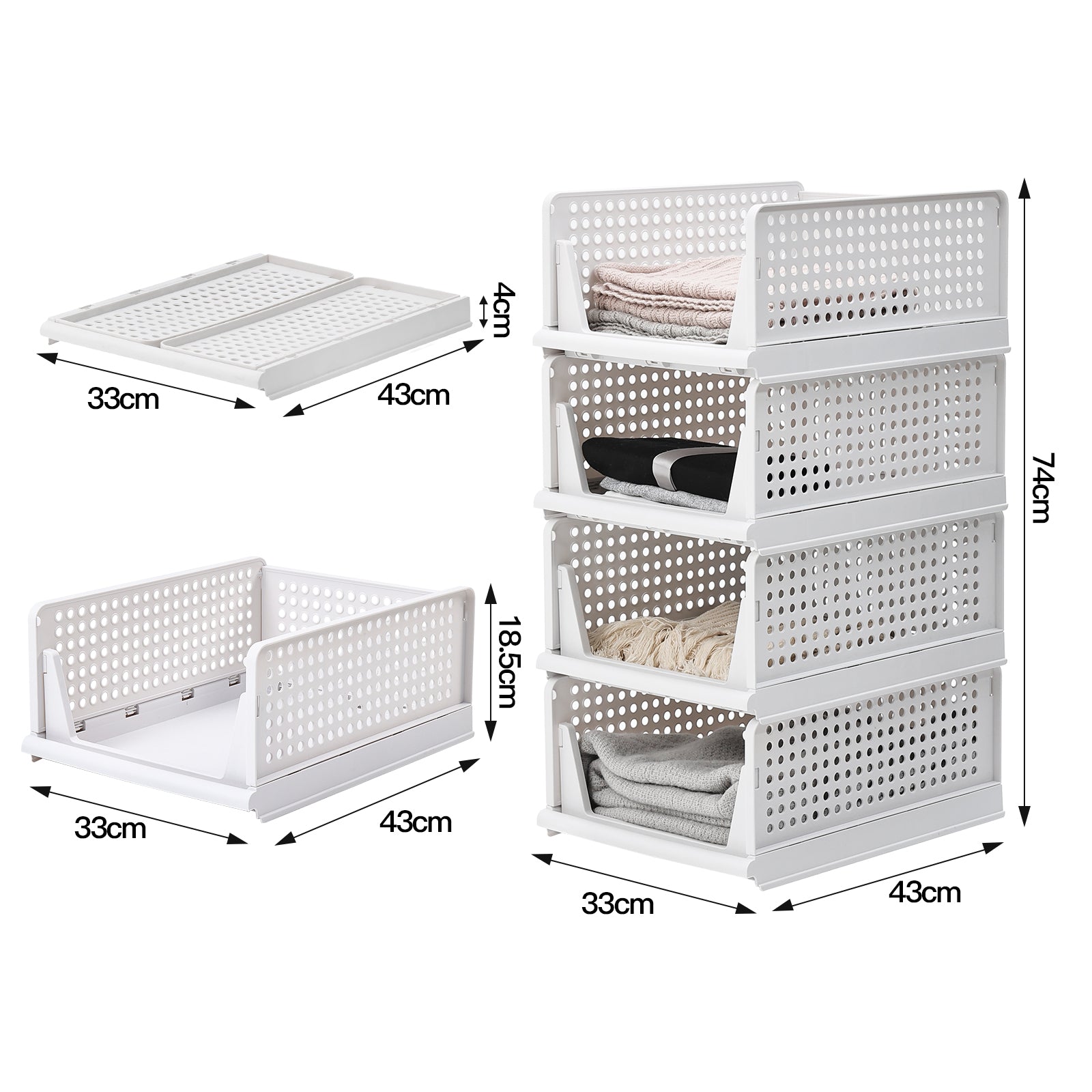 New Set of 4 Stackable PP Pull Out Wardrobe Organiser Drawers White