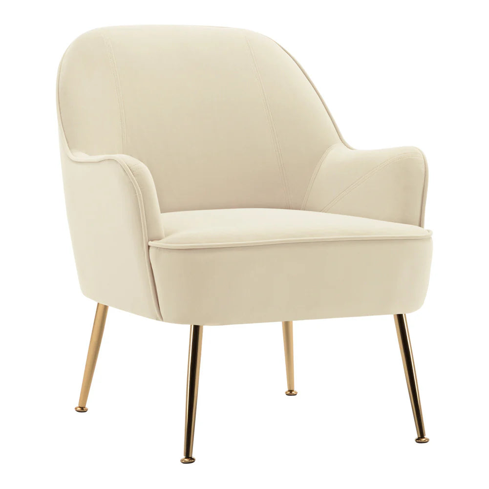 New Contemporary Velvet Upholstered Comfy Armchair with Gold Plated Feet Off White