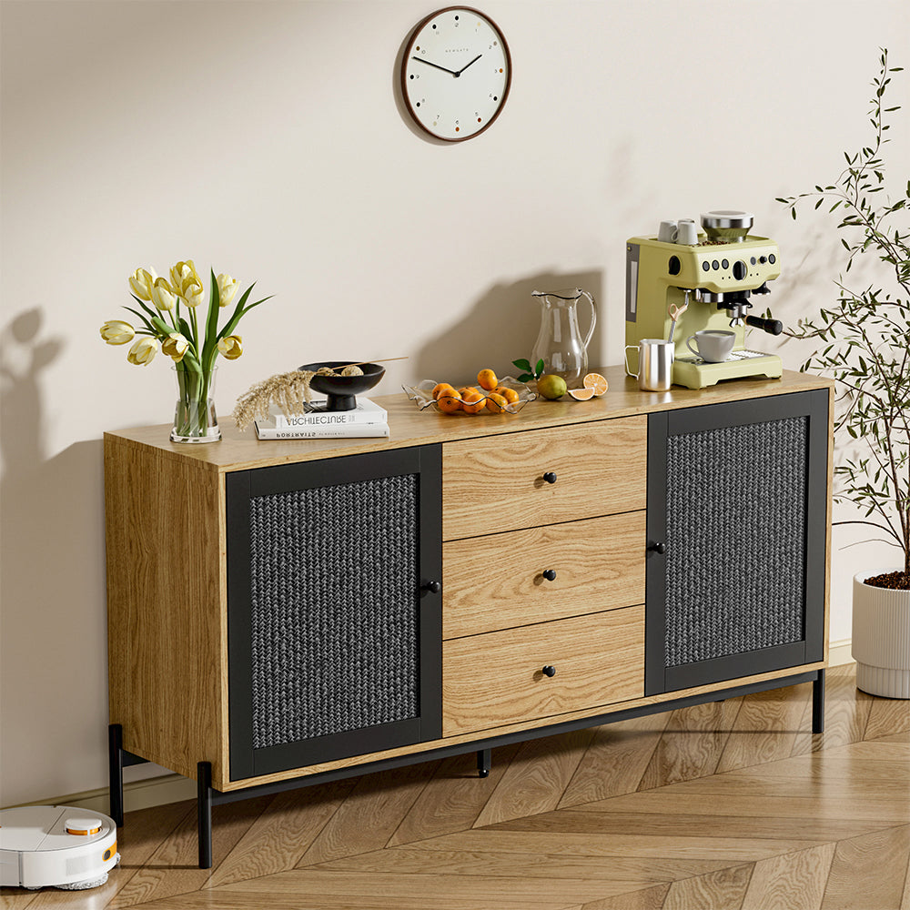 New Storage Cabinet with 2 Cupboard Black Rattan Doors and 3 Drawers