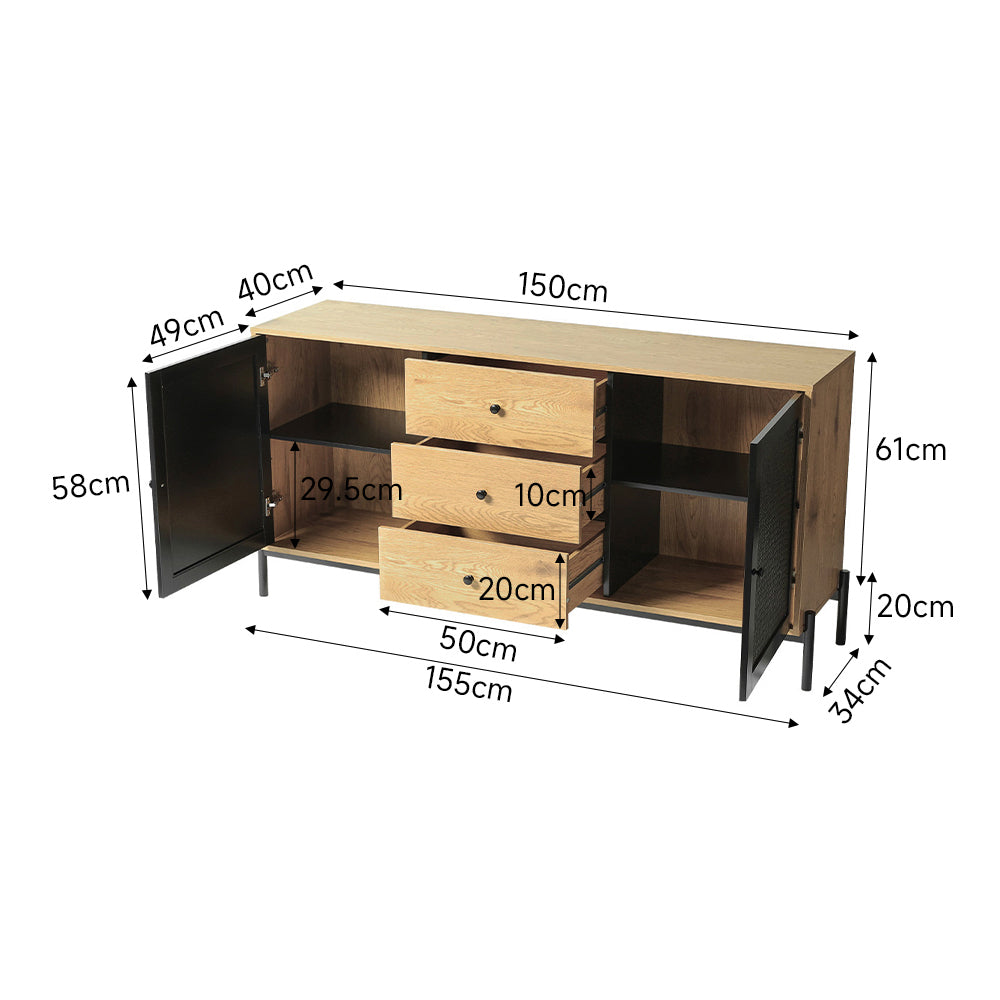 New Storage Cabinet with 2 Cupboard Black Rattan Doors and 3 Drawers