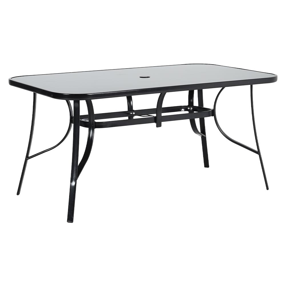 New Black Metallic and Tempered Glass Garden Table with Parasol Hole Outdoor