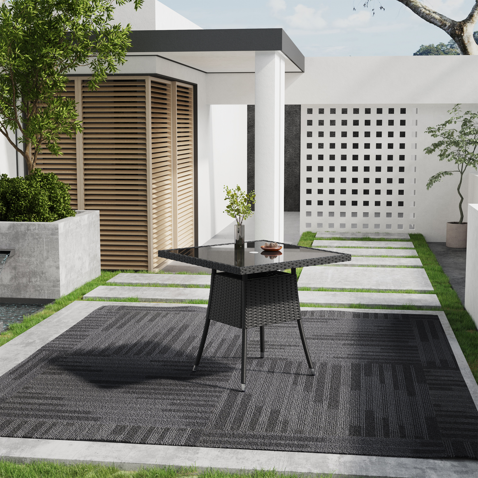 New Rattan Wicker Square Tempered Glass Garden Table 80cm W