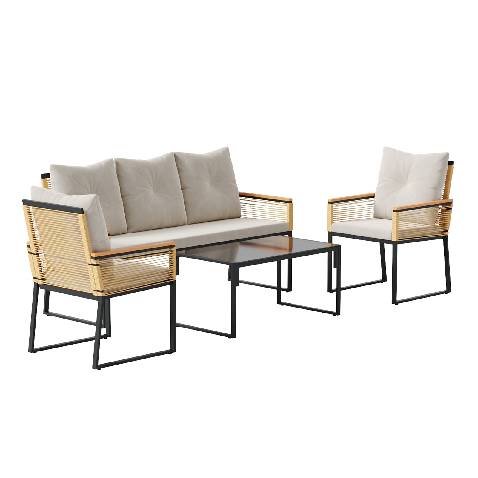 New 4PCS Outdoor Rattan Sofa Coffee Table Armchairs Set