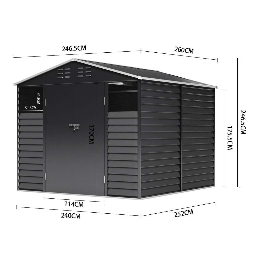 Charcoal Steel Tool Shed with Front Windows and Ventilation