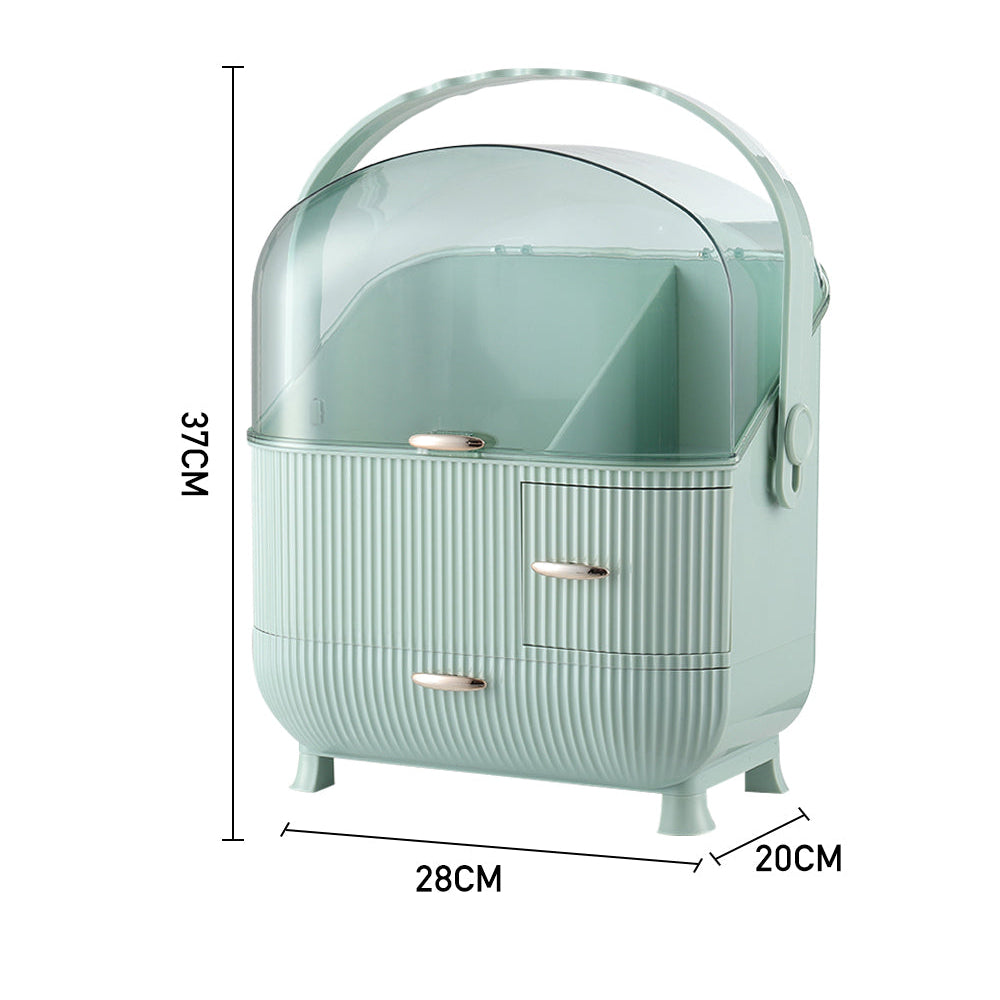 New Countertop Dustproof Makeup Cosmetic Organiser with Handle and Drawers Light Green