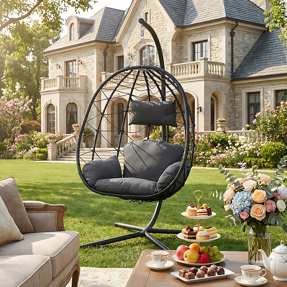 New Outdoor Garden Single Hanging Egg Chair PE Rattan with Dark Grey Cushion