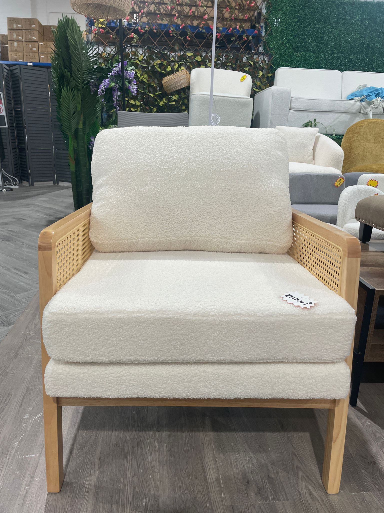 Modern Teddy Fleece Upholstered Accent Armchair with Rattan Sides