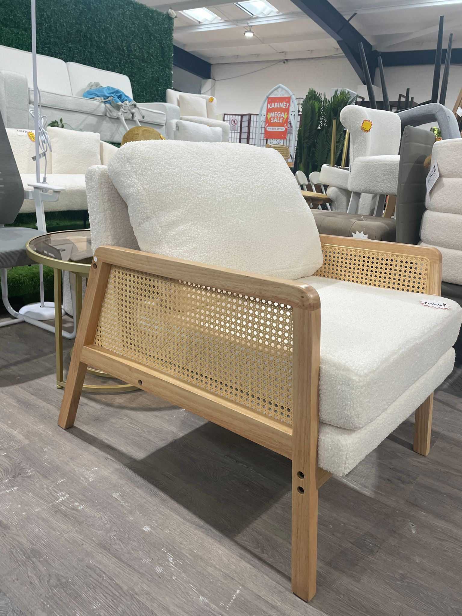 Modern Teddy Fleece Upholstered Accent Armchair with Rattan Sides