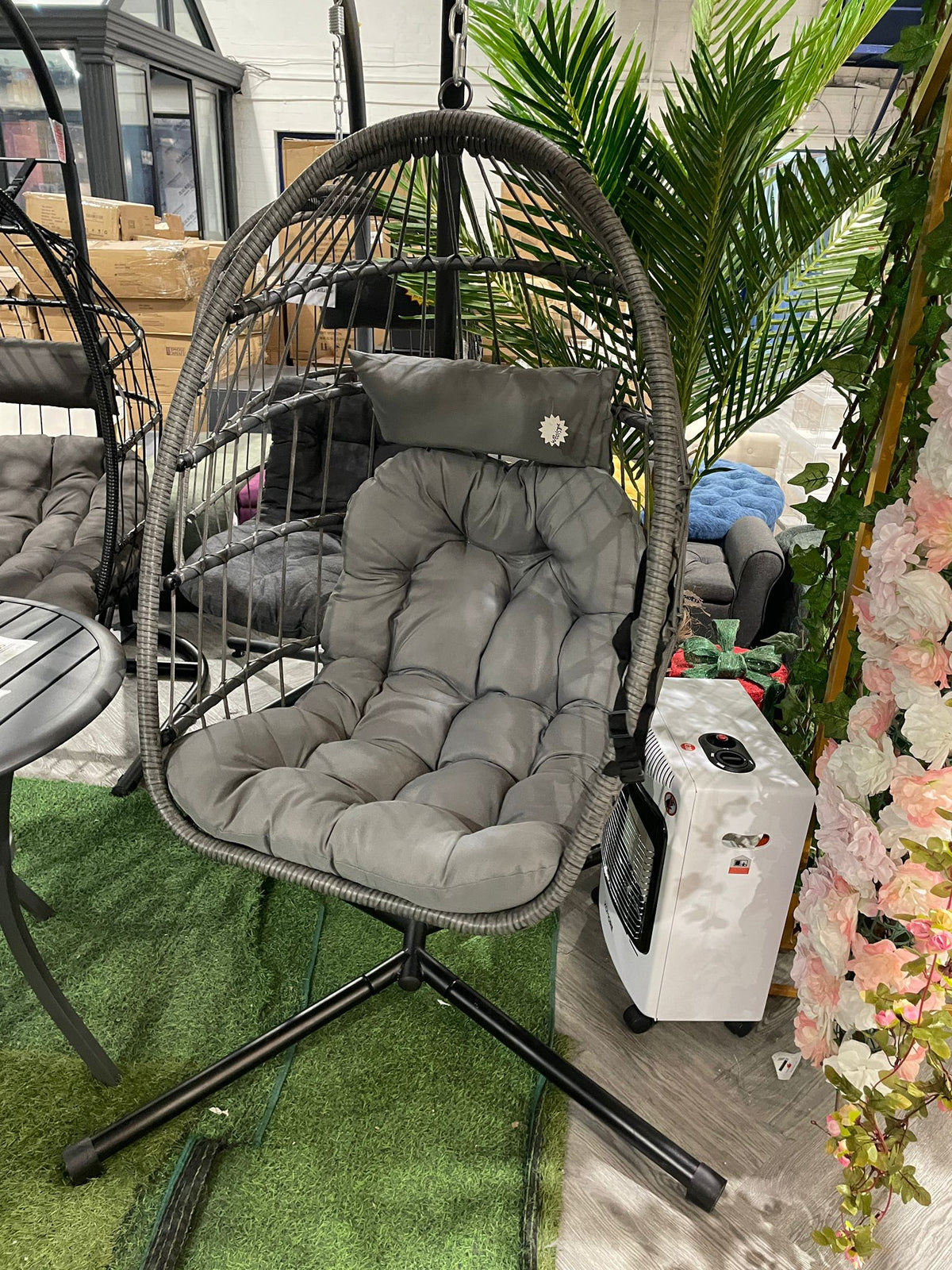 Hanging Chair with Stand and Cushions Grey