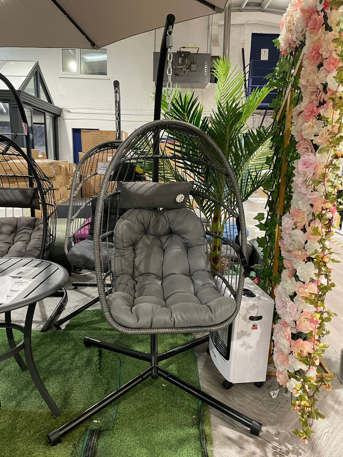 Hanging Chair with Stand and Cushions Grey