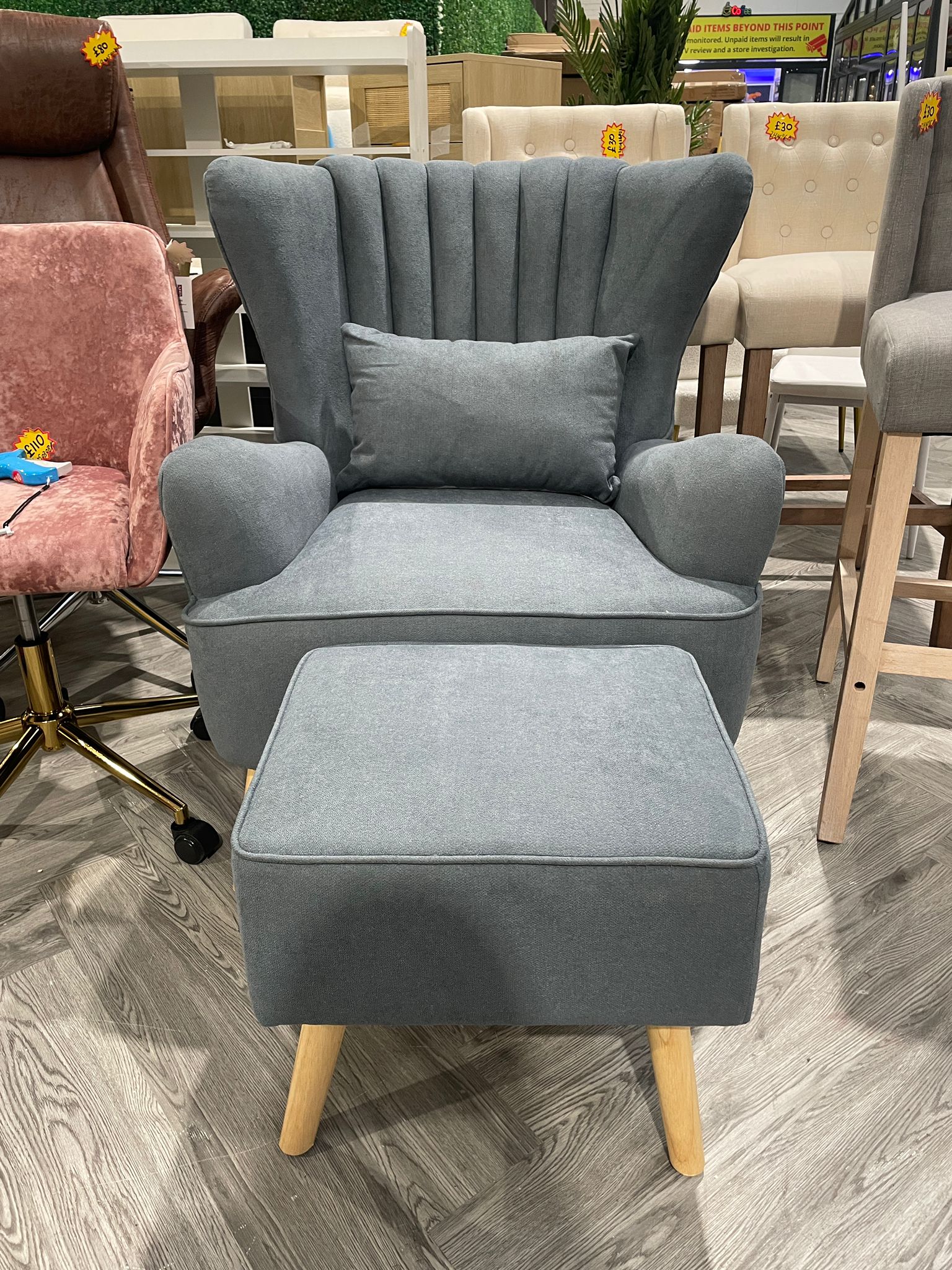 Velvet Upholstered Wingback Armchair with Footstool Navy Grey