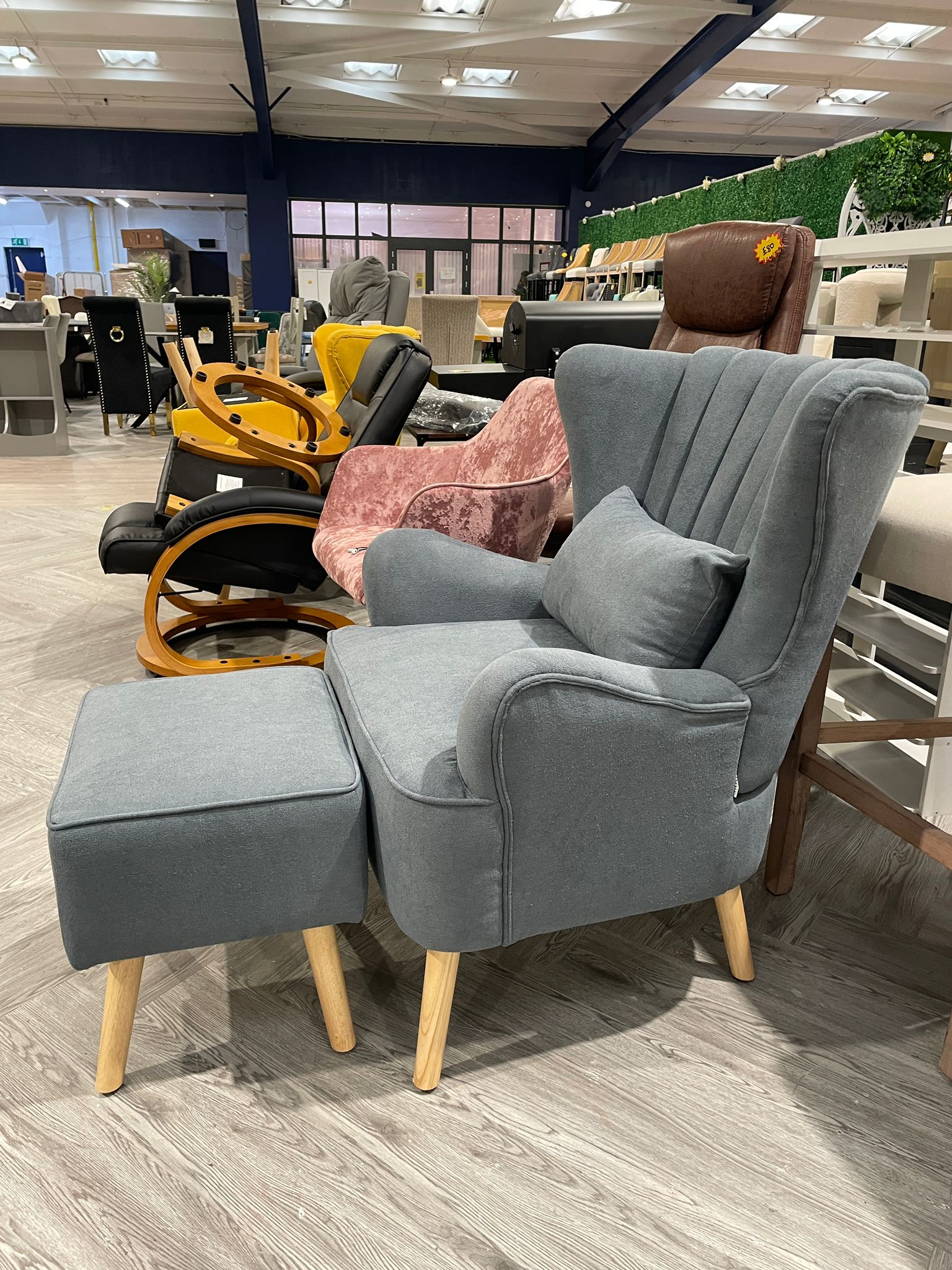 Velvet Upholstered Wingback Armchair with Footstool Navy Grey