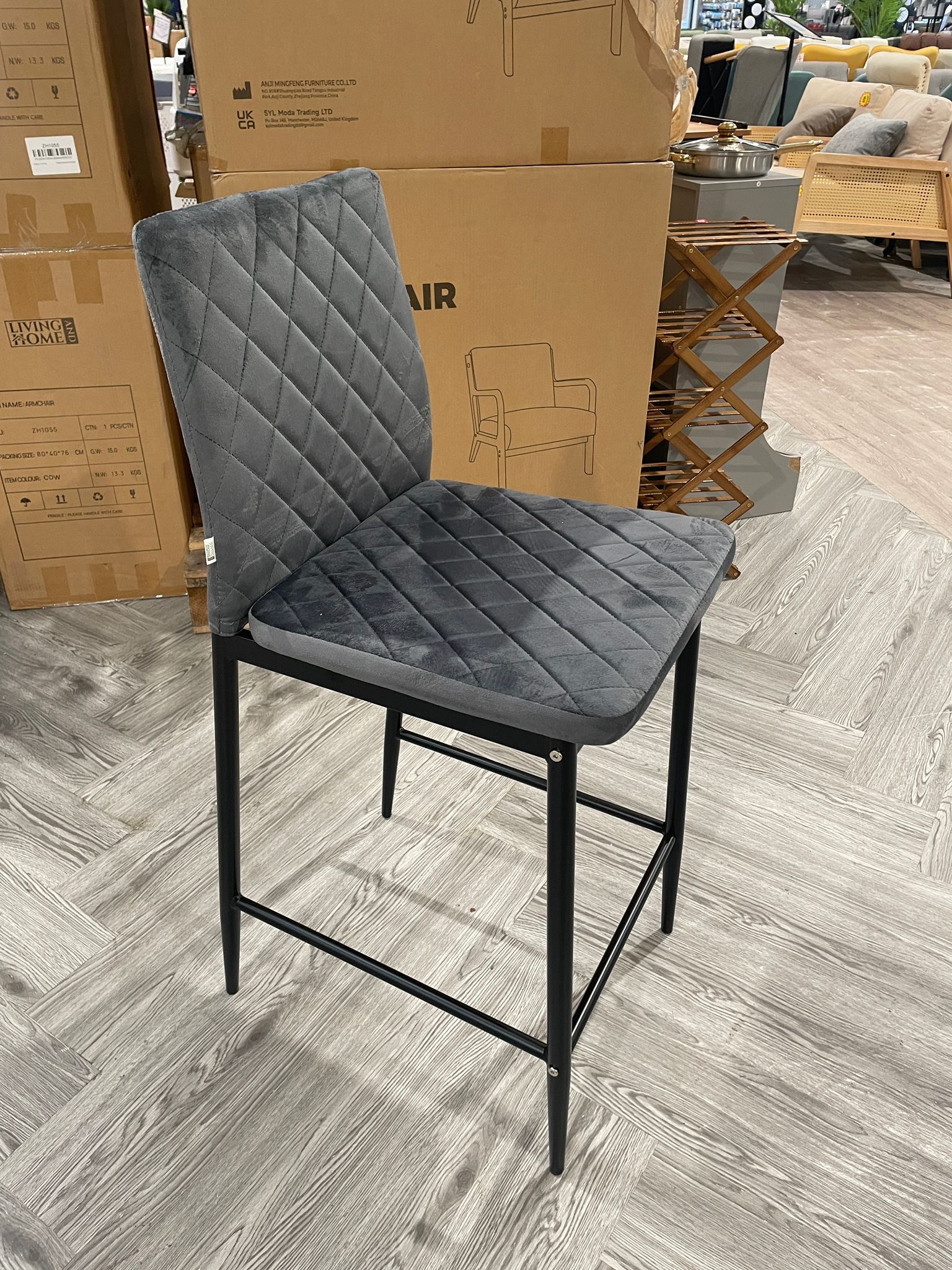 Velvet Upholstered Bar Stool with Iron Frame Grey 1PC