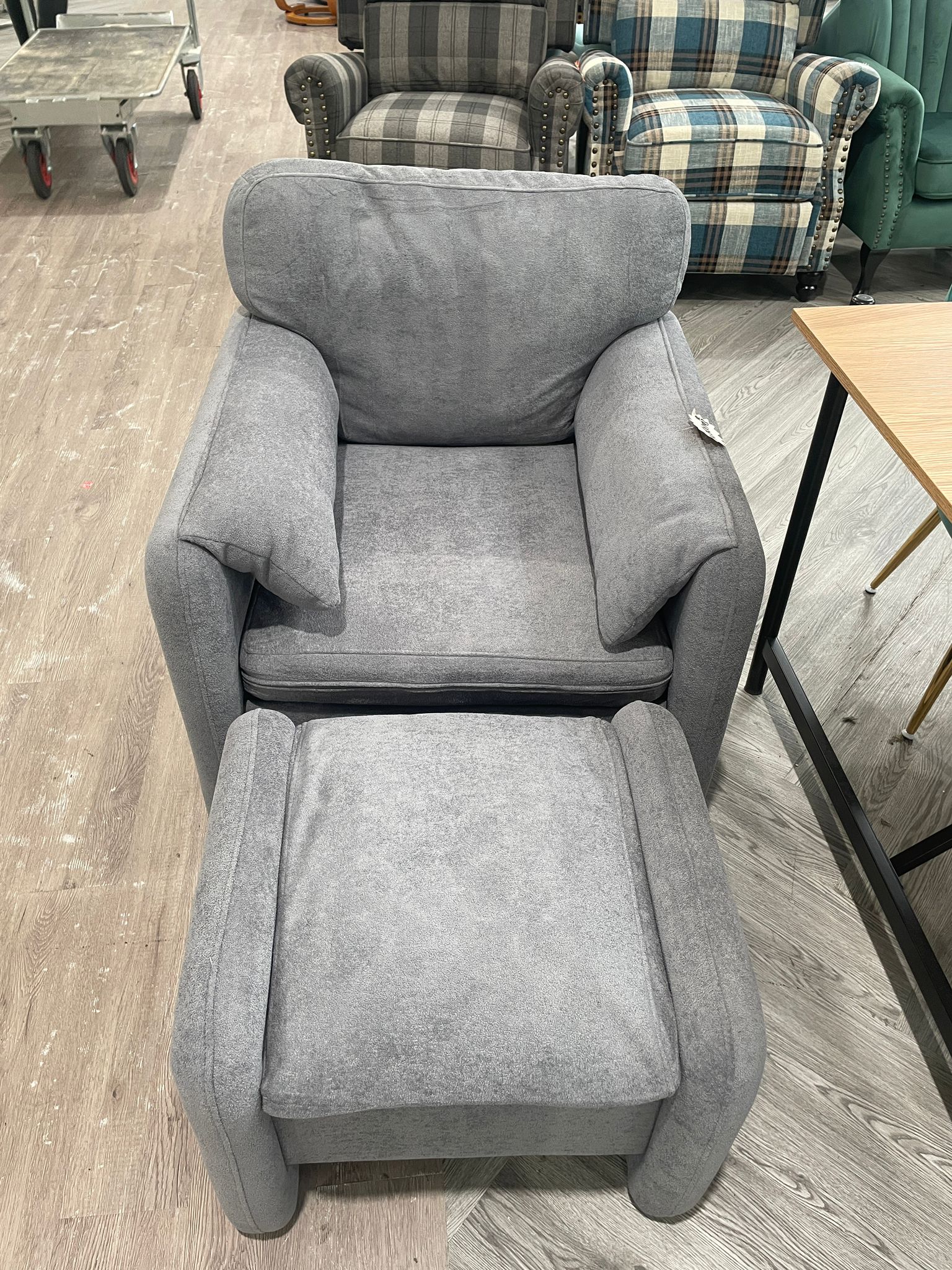 Chenille Upholstered Armchair with Footstool Grey