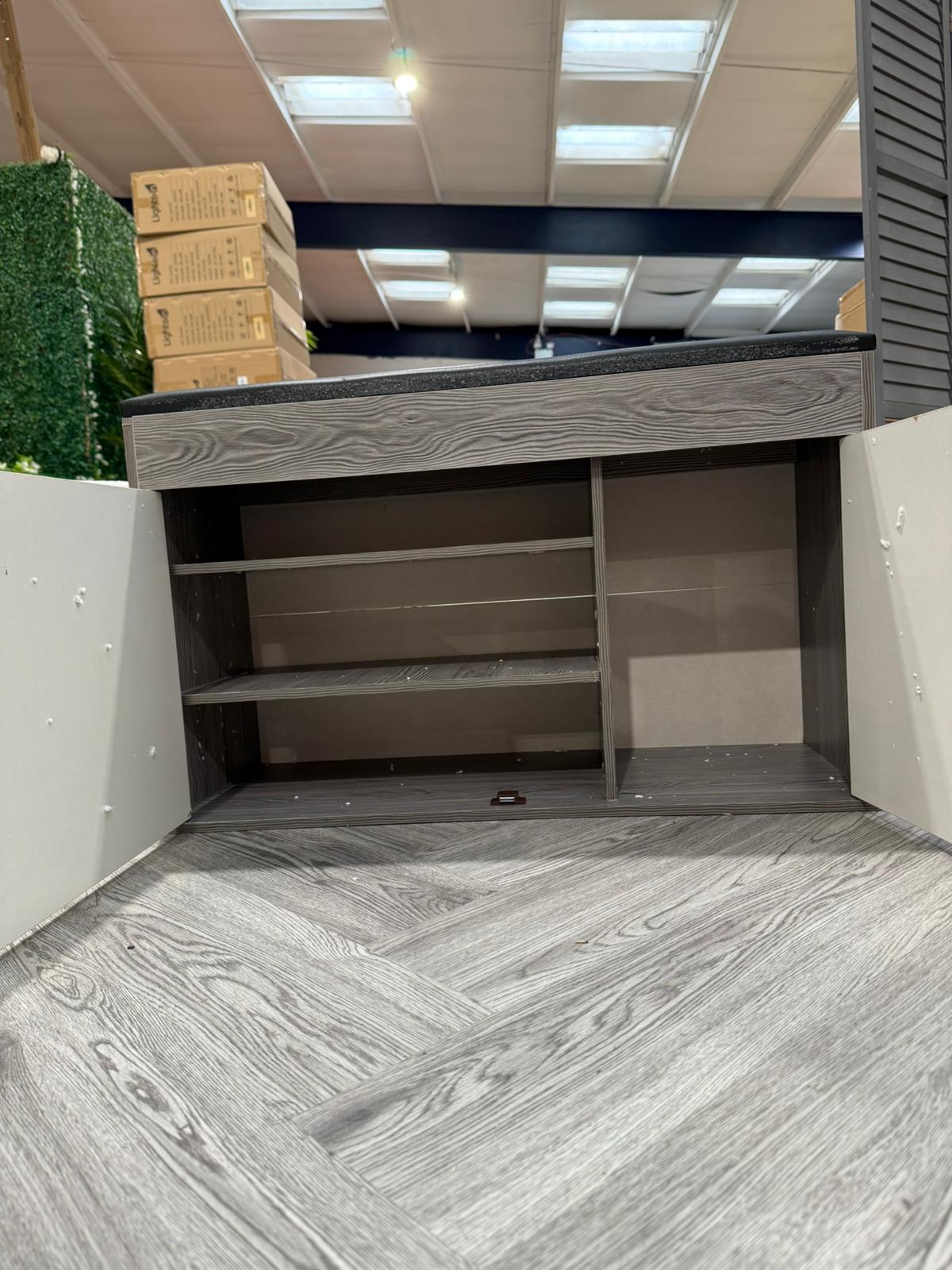 Grey Shoe Cabinet with Seat Cushion and Doors