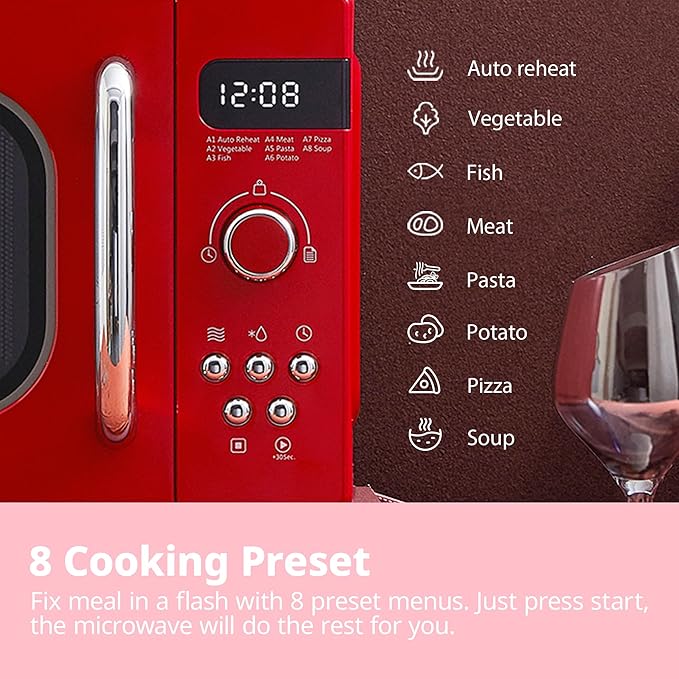 800W 20L Retro Red Microwave Oven with LED Display