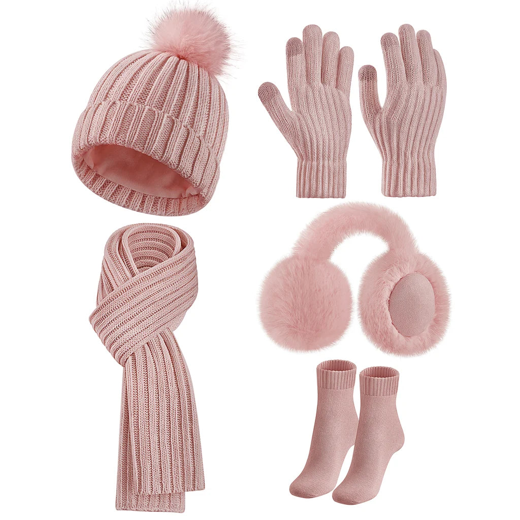 New 5 in 1 Winter Knitted Hat Scarf Gloves Set Pink