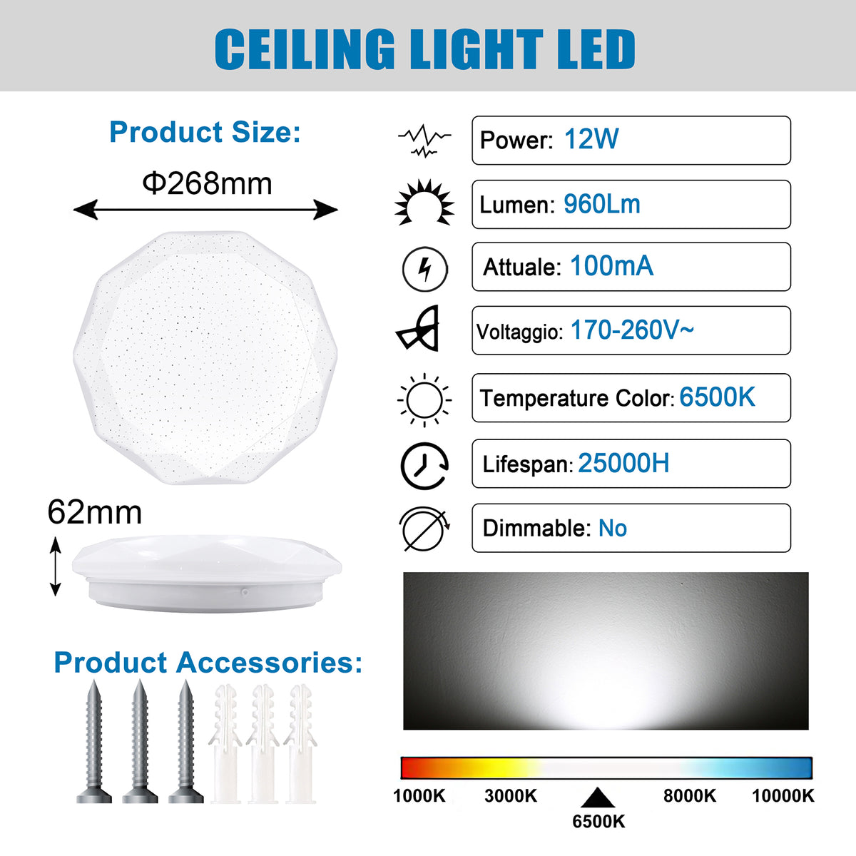 New 12W LED Ceiling Light 6500K Geometric Shape