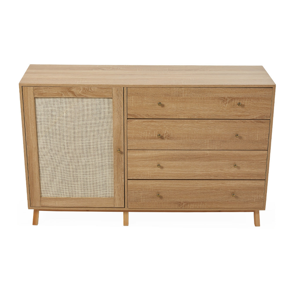New Wooden and Rattan Sideboard Dresser with 4 Drawers Natural Oak